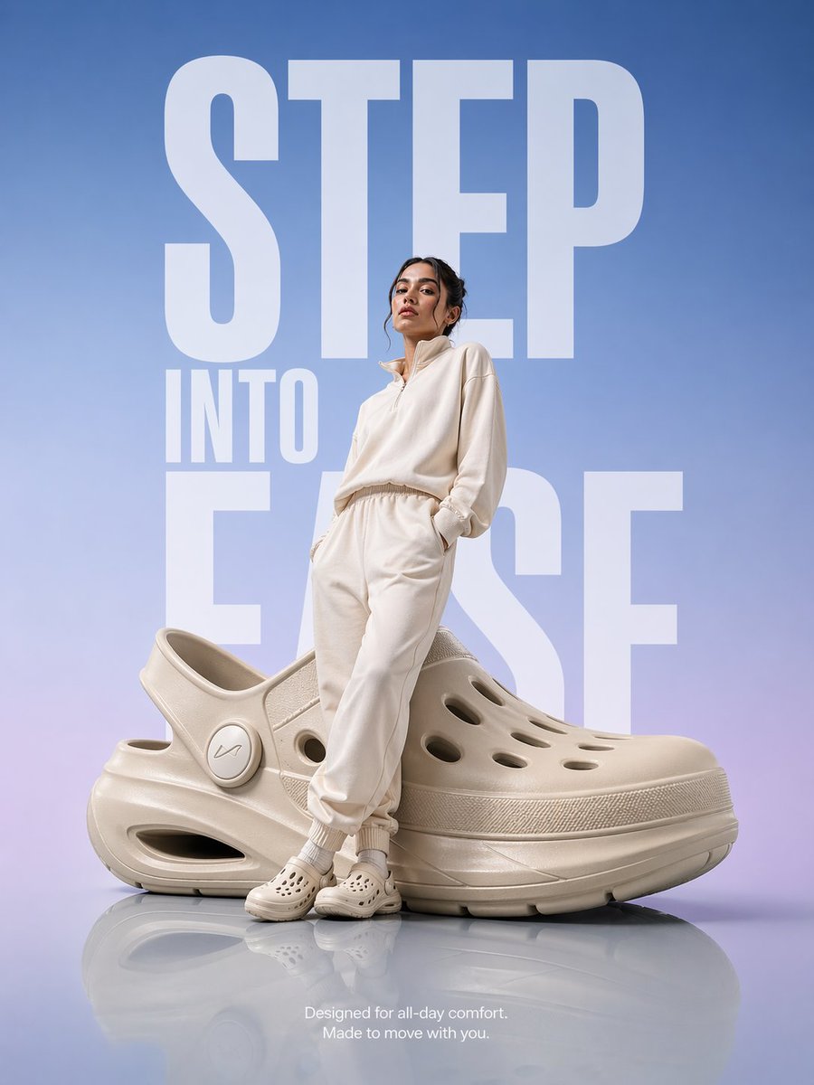 Oversized futuristic comfort clog campaign with a model leaning against the product.