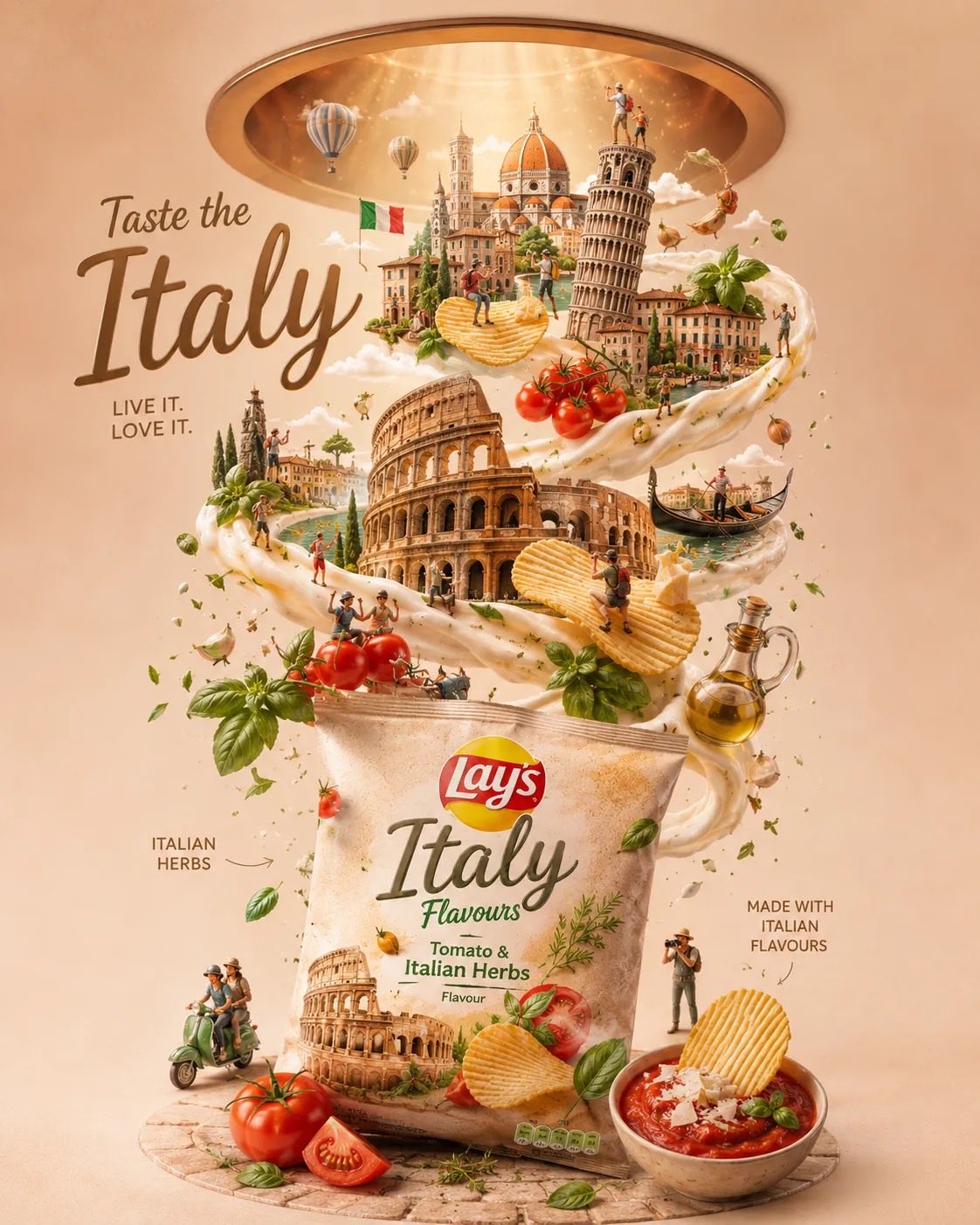 Travel-food chips advertising poster with a chip packet, landmarks, and a cinematic spiral composition.