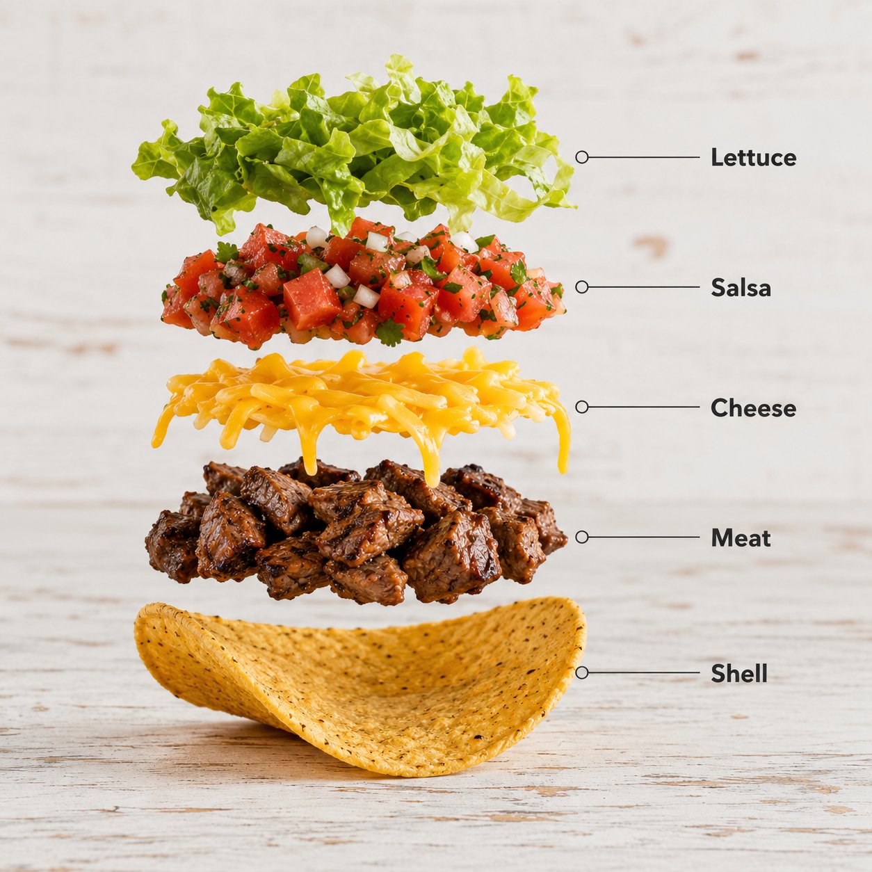 Exploded taco infographic with layered ingredients and clean labels.