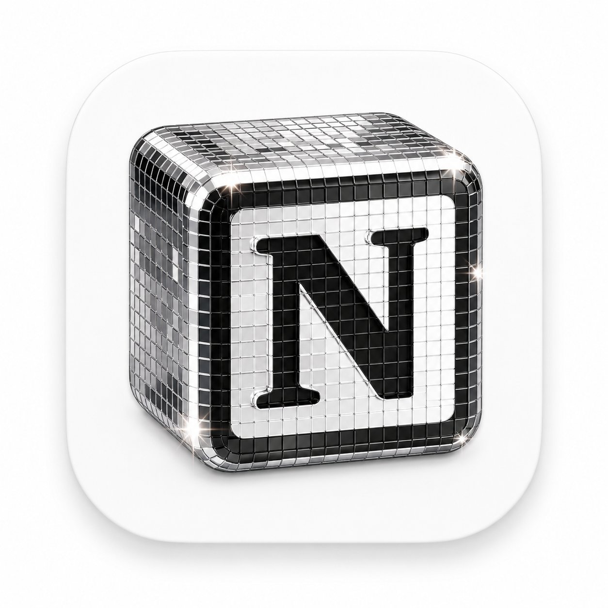Premium 3D app icon with chrome glass and disco mirror tile texture.