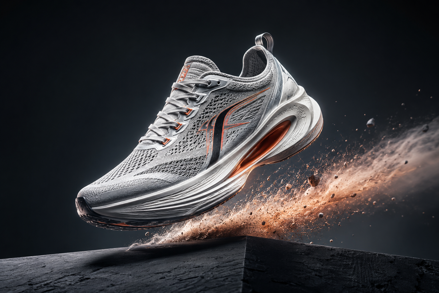 Futuristic running sneaker floating above a dark platform with dynamic lighting.