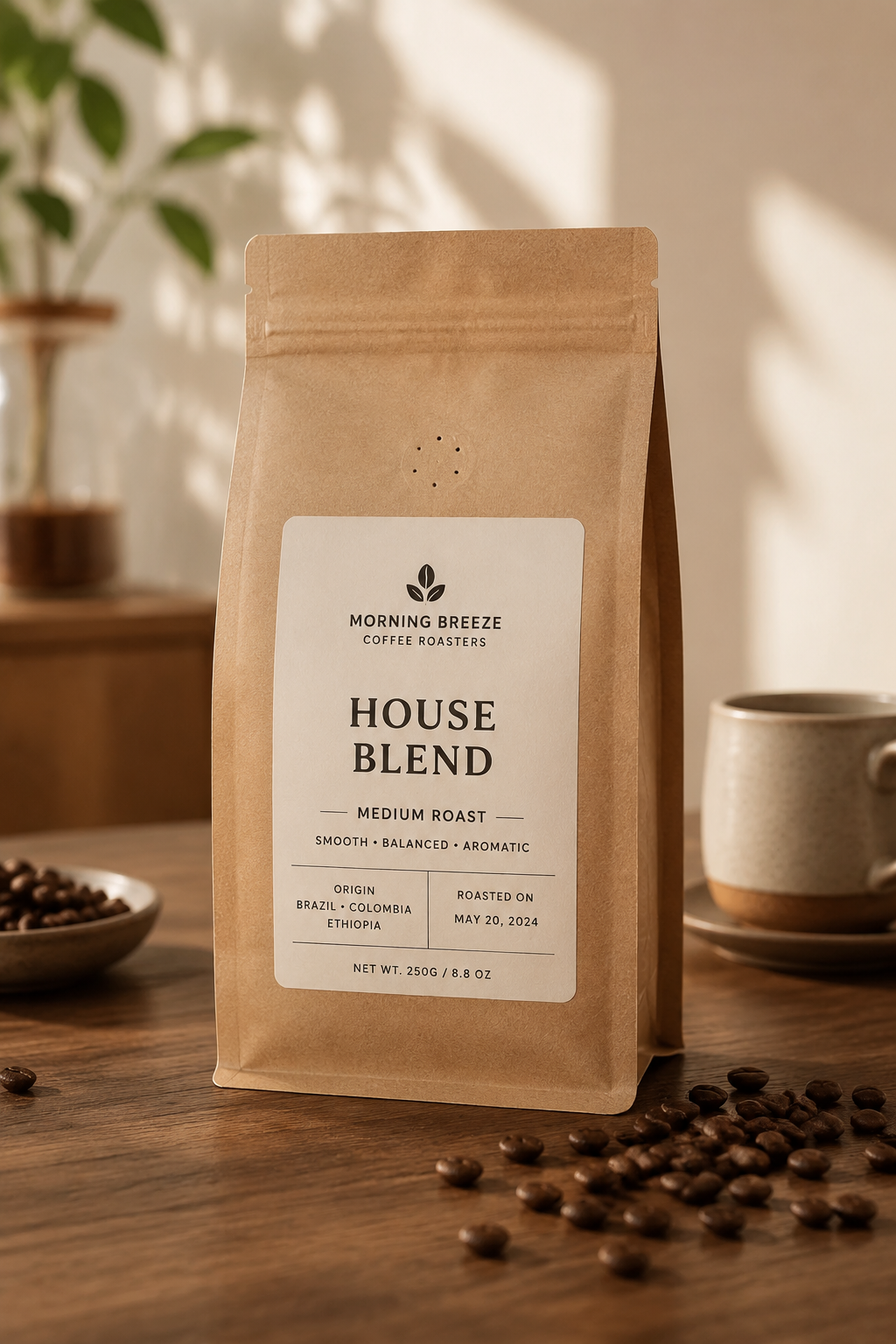 Specialty coffee bag on a walnut table with coffee beans and warm light.