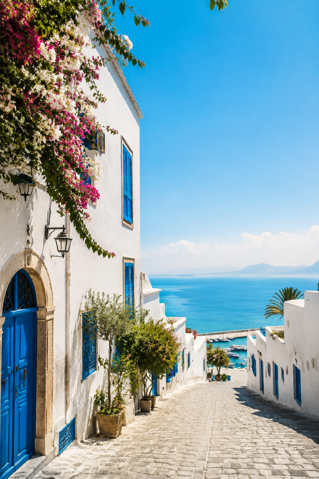 Bright coastal travel postcard scene with white buildings and blue shutters.