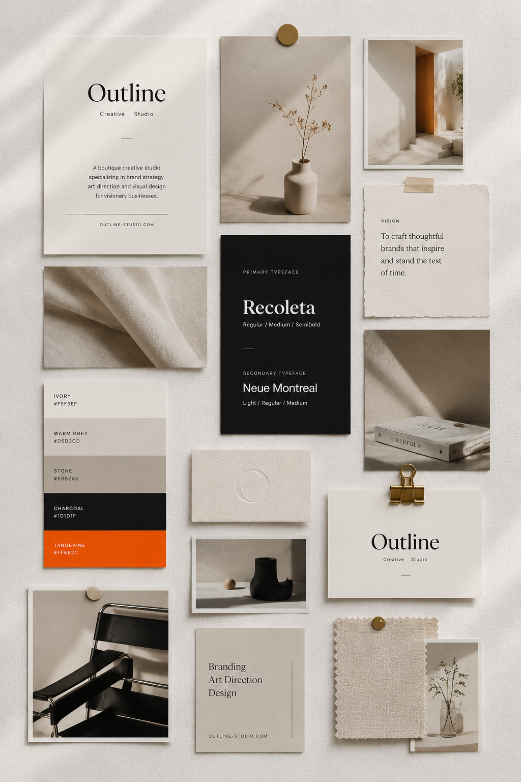 Boutique creative studio brand moodboard with swatches, print samples, and typography cards.