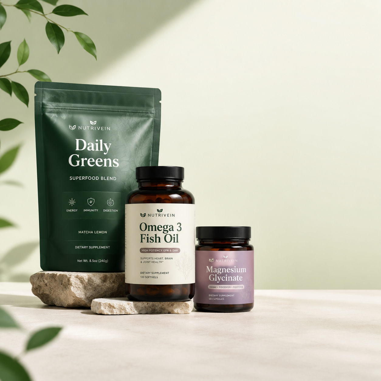 Ecommerce ad visual with a wellness product bundle and clear space for offer text.