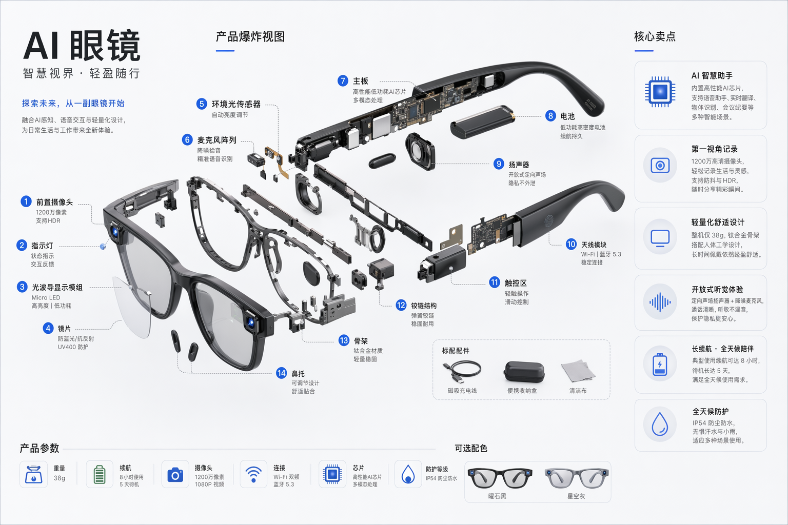 AI smart glasses exploded view infographic with separated hardware components, dotted callouts, feature cards, specifications, and accessories.