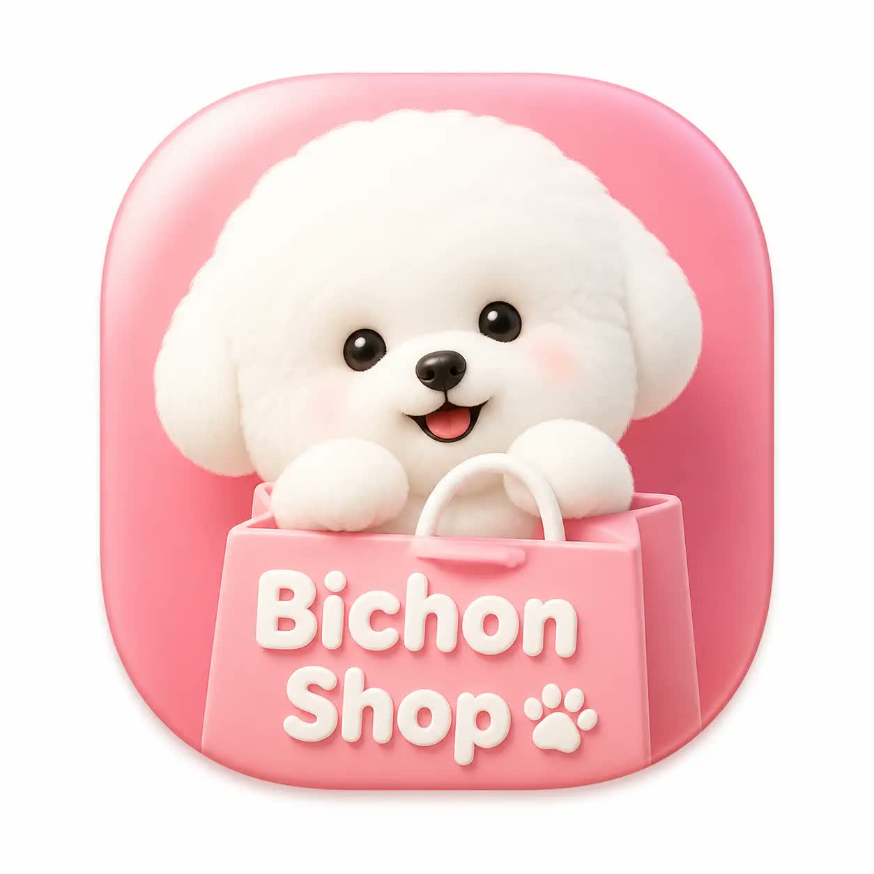 Light skeuomorphic macOS app icon for Bichon Shop with a rounded squircle shape, white canvas padding, and polished dimensional lighting.