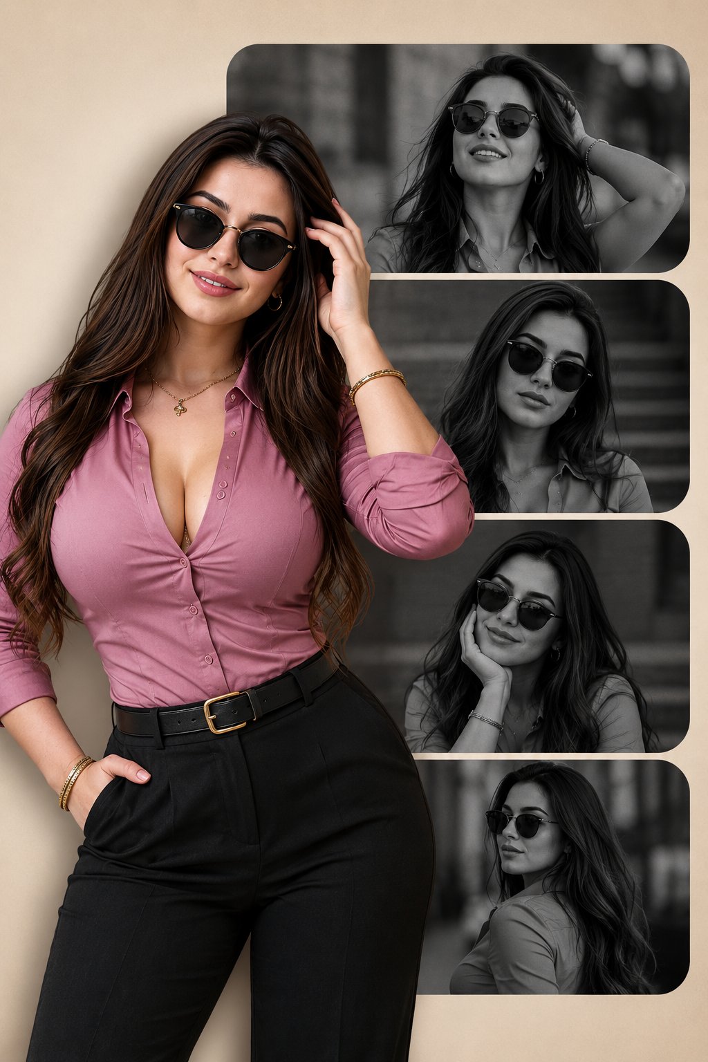 Black and white fashion portrait collage with monochrome portrait panels, color cutout model, sunglasses styling, and beige magazine layout.