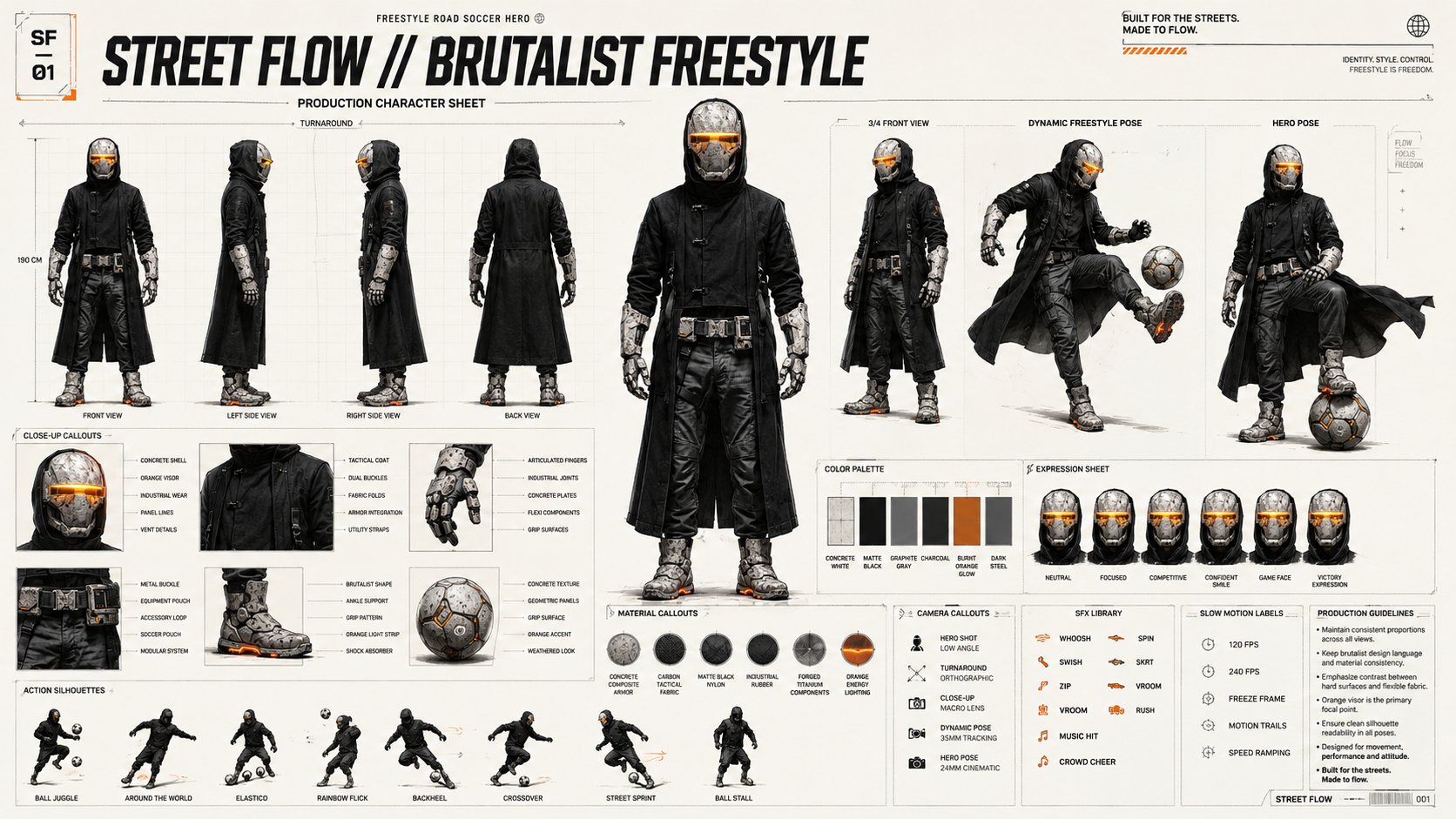 Brutalist freestyle soccer character sheet with concrete armor, orange visor, turnaround views, action poses, material callouts, and football design notes.