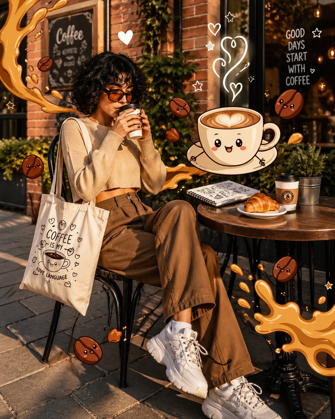 Outdoor cafe lifestyle photo with an adult person holding coffee, croissant and notebook on the table, plus playful 2D coffee doodle overlays.