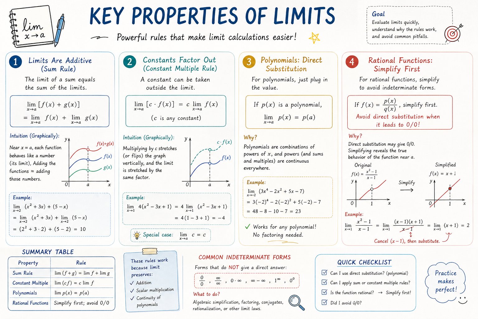 Calculus limits study infographic with numbered rule cards, formulas, graph sketches, worked examples, summary table, and quick checklist.