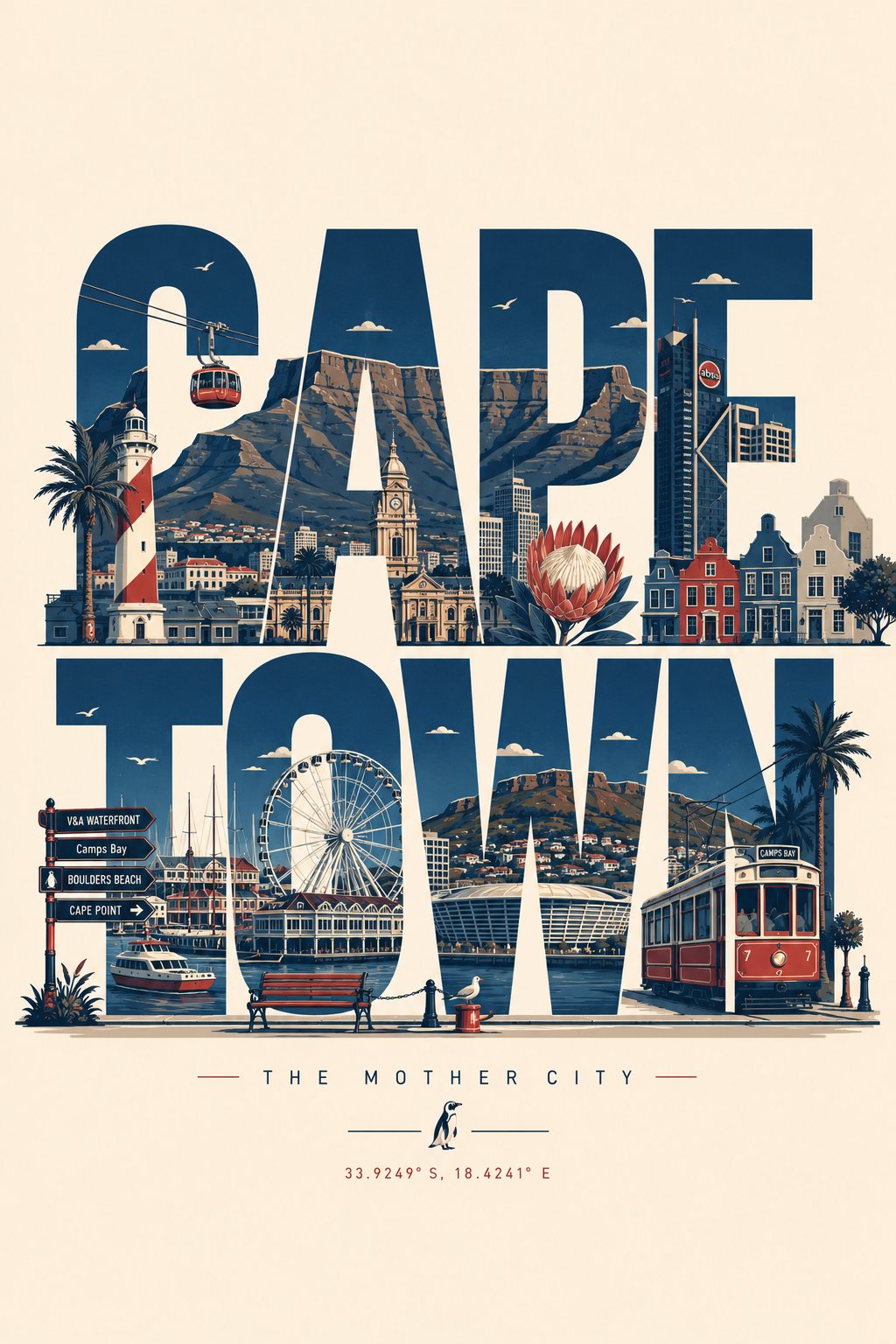 Modern typographic travel poster where the city name forms the layout and local landmarks are integrated into bold uppercase letters.