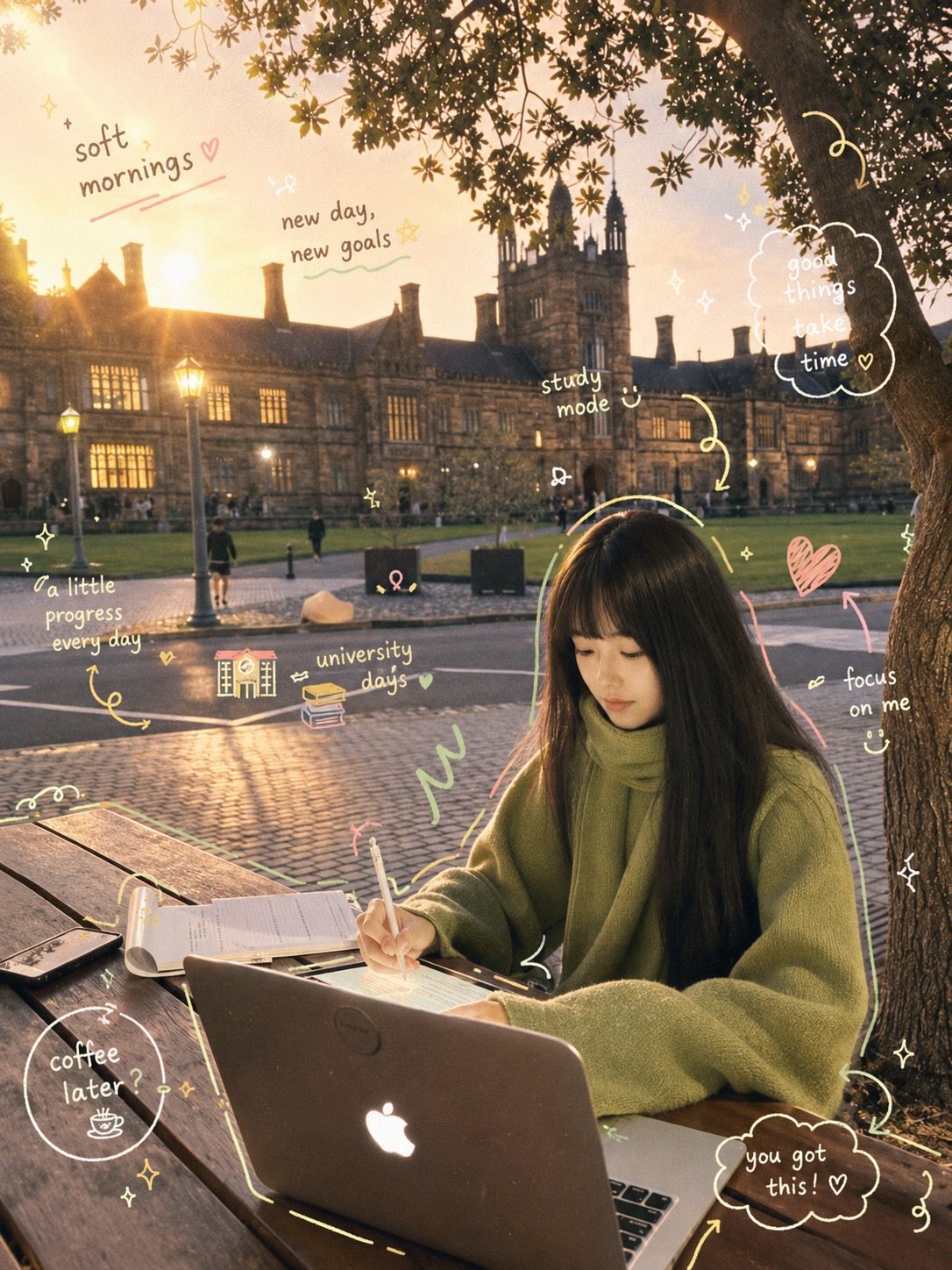 Cozy academia study notes photo with adult student, laptop, notebook, golden-hour campus, scrapbook overlays, and warm productivity mood.