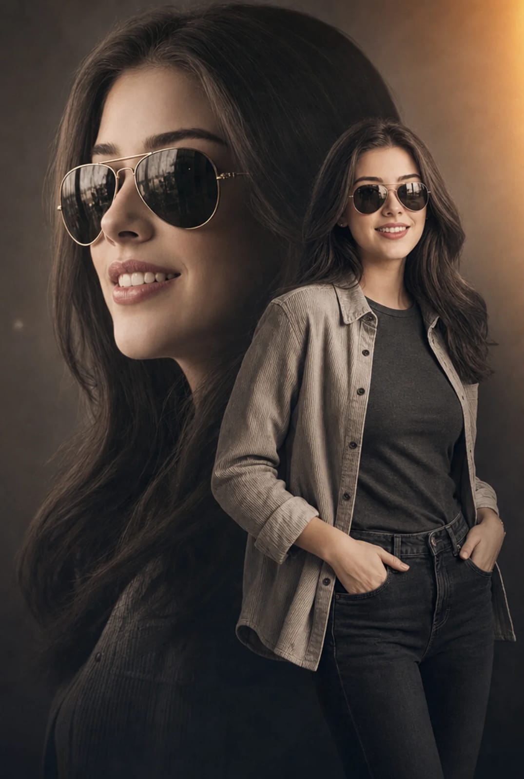 Double-exposure fashion portrait with a semi-transparent profile, full-body figure, aviator sunglasses, sepia color grading, and studio lighting.