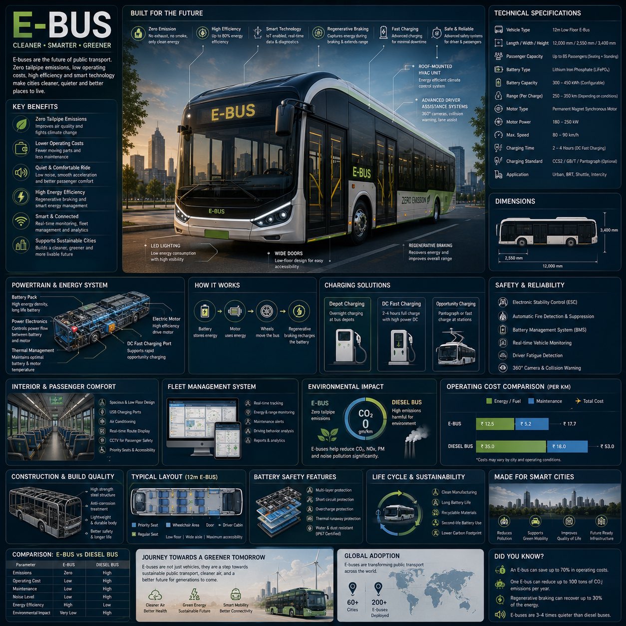 Electric bus engineering infographic with a central futuristic transit vehicle, modular technical cards, smart-city diagrams, and sustainability data.
