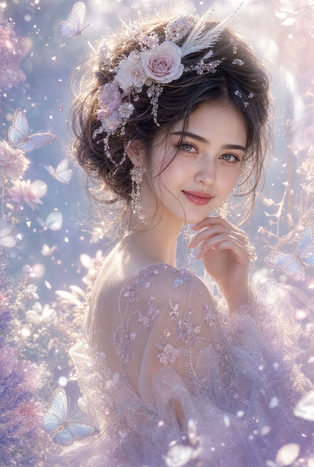 Ethereal fantasy portrait with a floral crown, pastel roses, butterflies, soft morning light, and dreamy garden atmosphere.