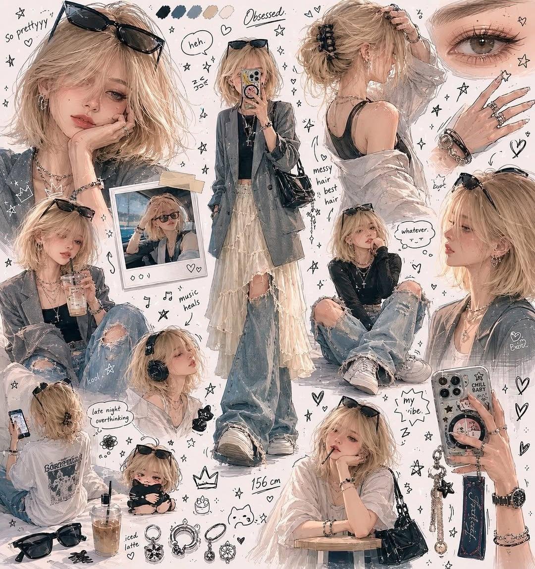 Chaotic fan sketchbook character page with overlapping full-body poses, chibi doodles, expressive close-ups, and aesthetic clothes.