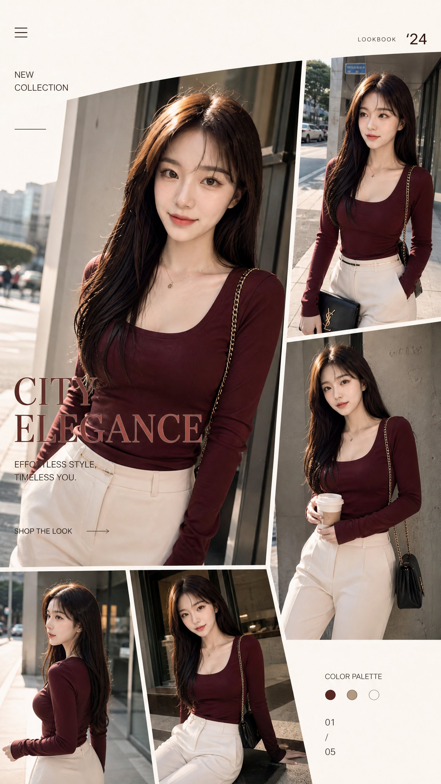 Fashion catalog ecommerce collage with a model in burgundy and ivory styling across duplicated frames and warm studio daylight.