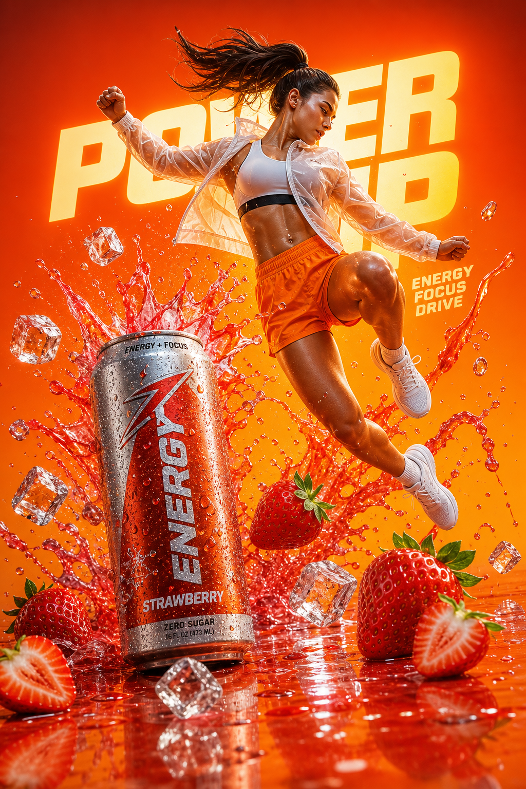 Gemini AI energy drink photo prompt copy paste example with strawberry splash advertising.