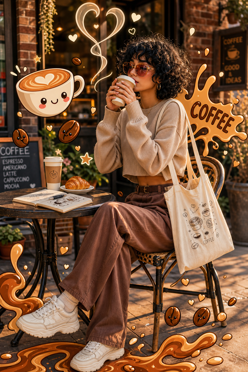 Gemini AI cafe photo prompt copy paste example with a creator drinking coffee and cartoon overlays.