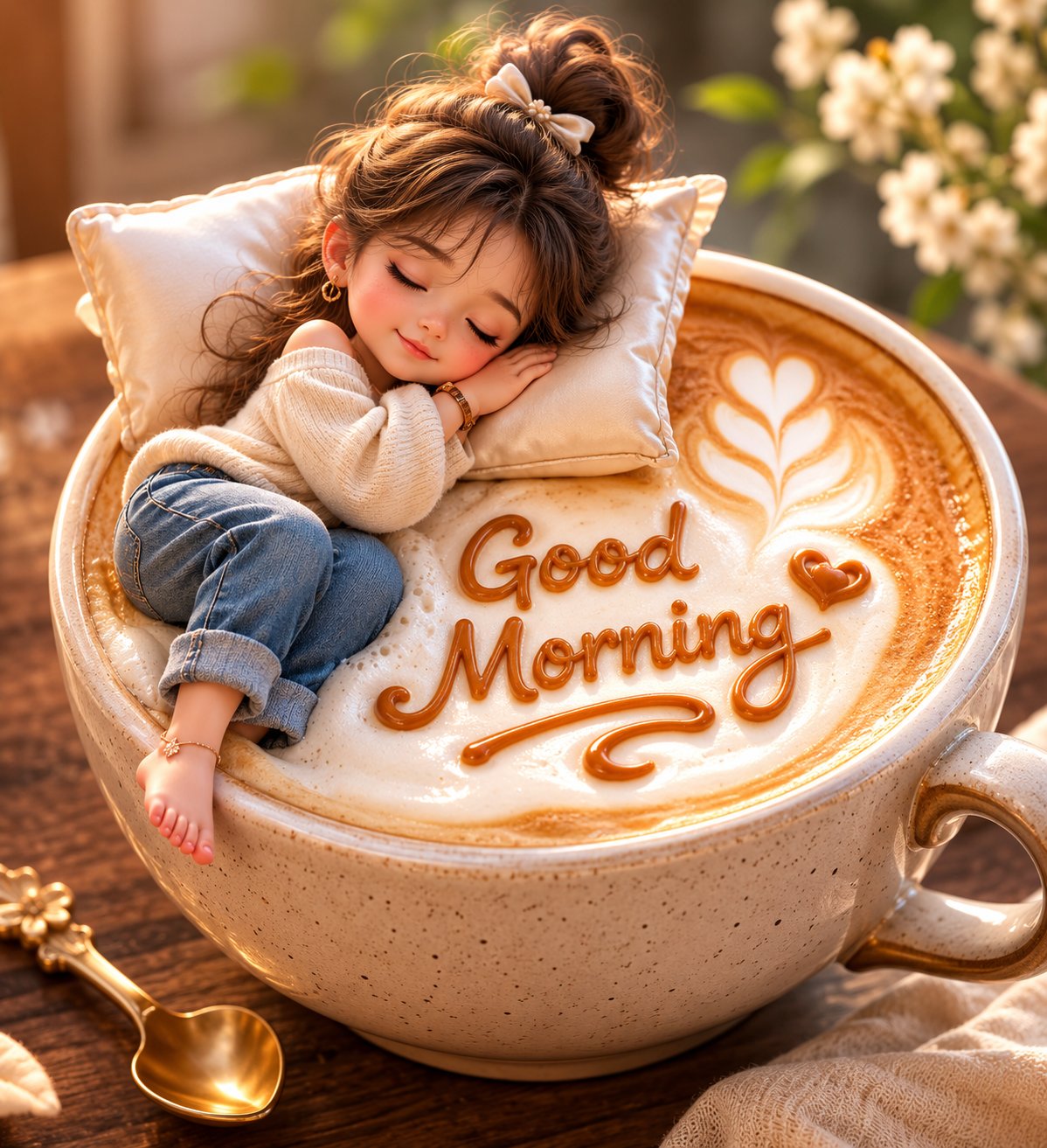 Cozy 3D miniature scene with a sleeping character on a creamy latte cup and Good Morning lettering.