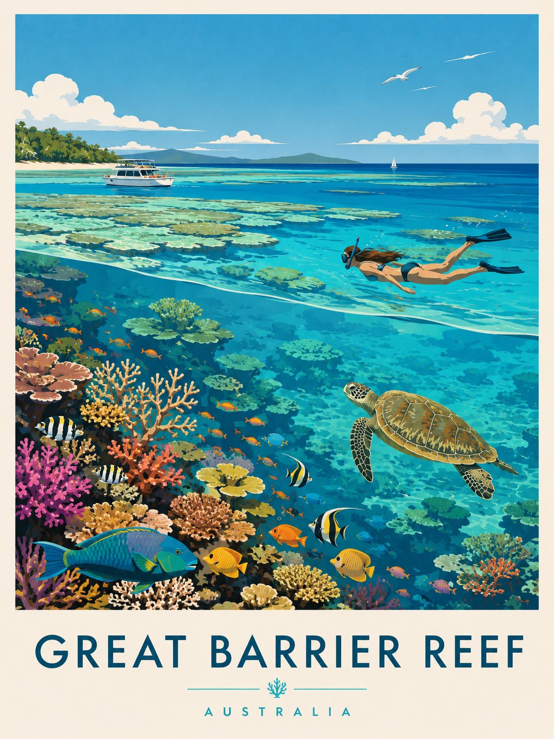 Great Barrier Reef travel poster with coral, tropical fish, a sea turtle, snorkeler, boat, and Australia typography.