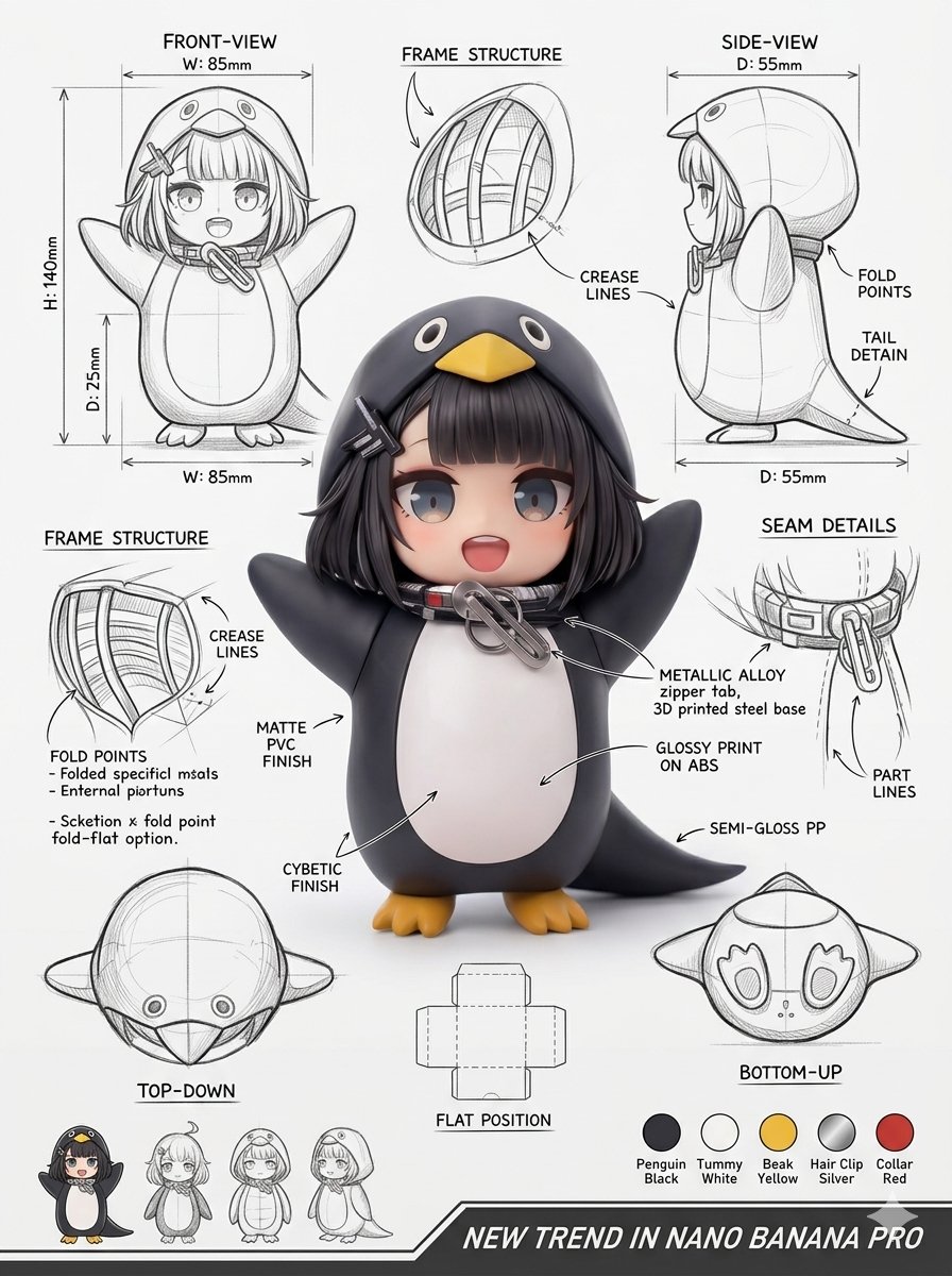 Industrial design packaging sheet with a penguin-shaped package render, technical views, material notes, and sketch annotations.