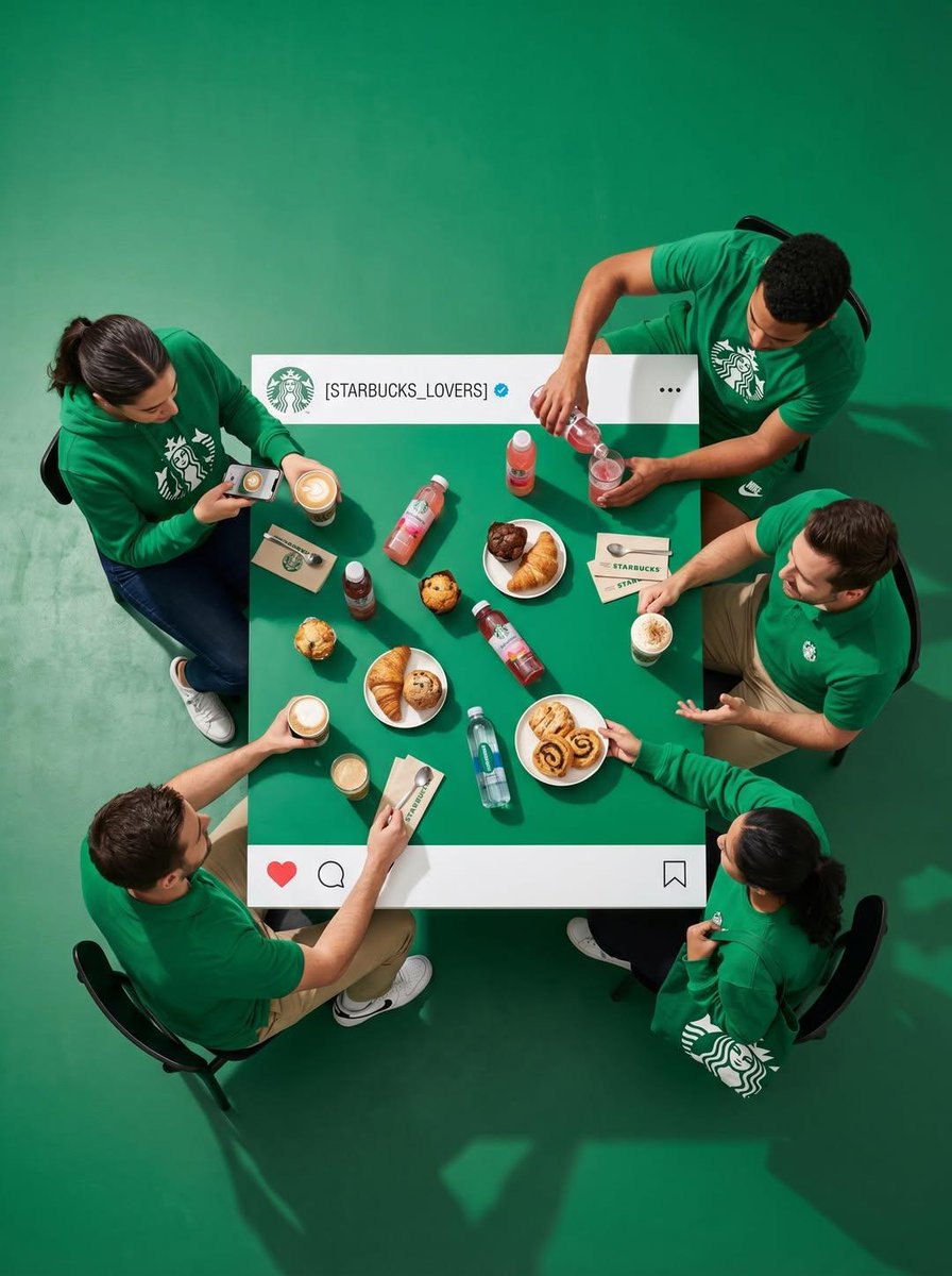 Top-down dining table concept staged like an Instagram post with four people, white UI bands, painted icons, and a colored center zone.