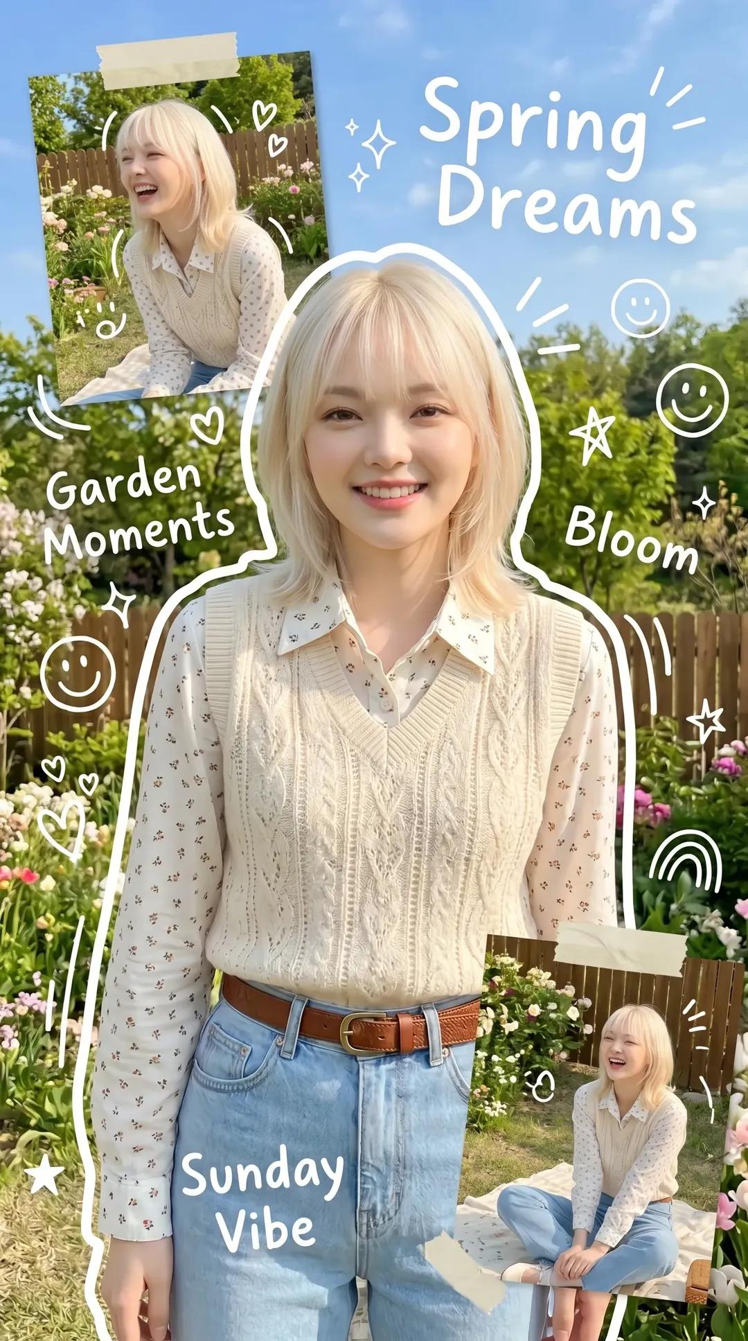 Korean spring scrapbook poster with a K-fashion portrait, pastel flower garden, doodle overlays, polaroid frames, and masking tape details.