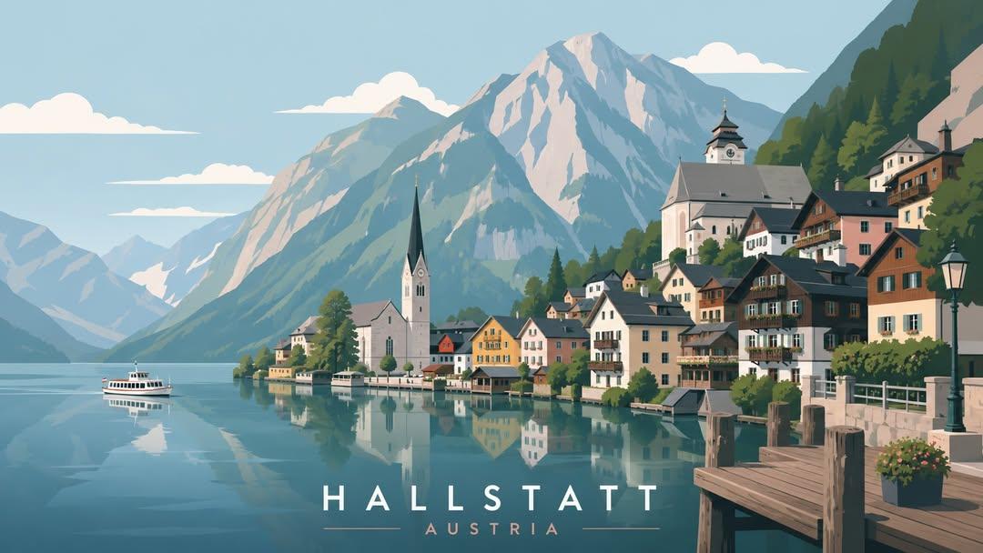 Minimalist flat travel poster series featuring Hallstatt, Bergen, Kyoto, and Santorini in a clean vector style.