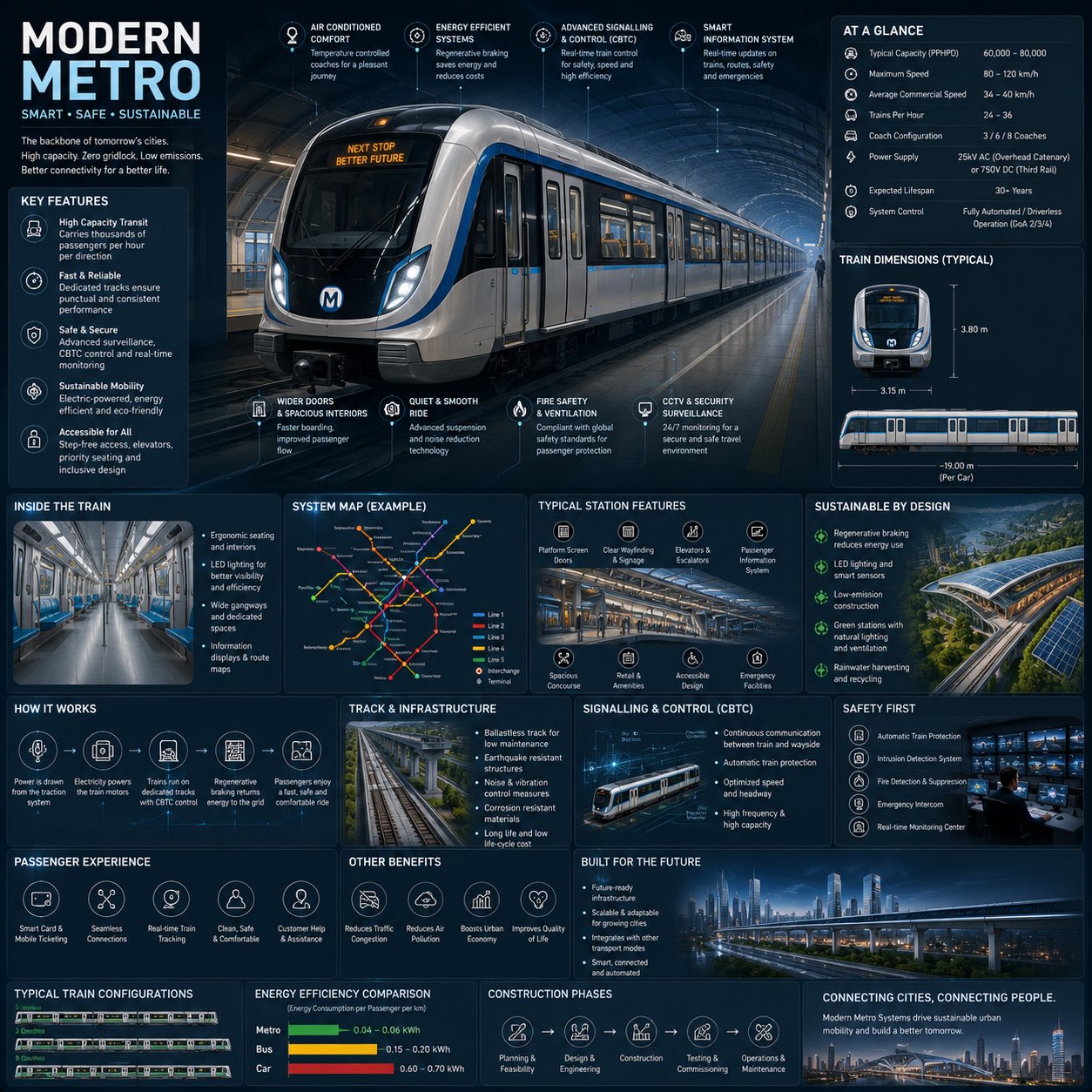 Modern metro system engineering infographic with a central train render, technical specifications, network map, safety panels, and sustainability modules.