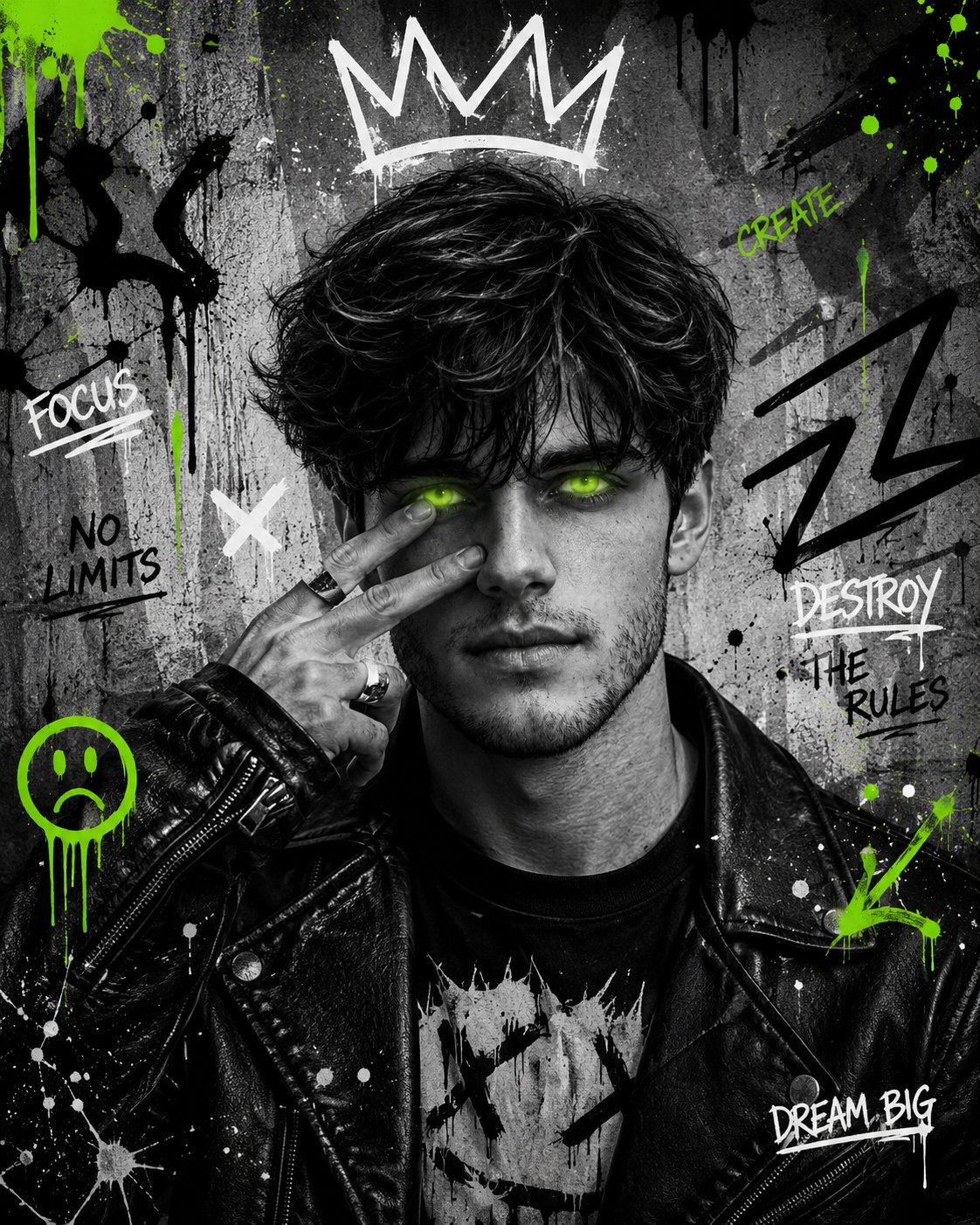 High-contrast black-and-white urban portrait with neon green eyes, graffiti doodles, paint splashes, and grunge street-art texture.