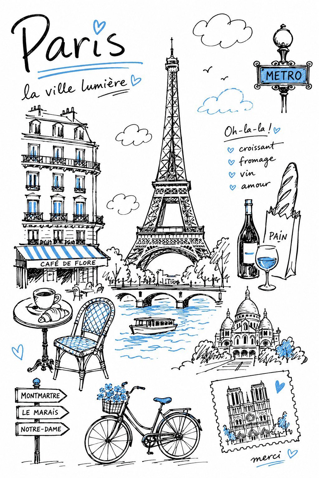 Black felt-tip travel notebook illustration with destination landmarks, handmade doodle lines, generous white space, and one subtle accent color.