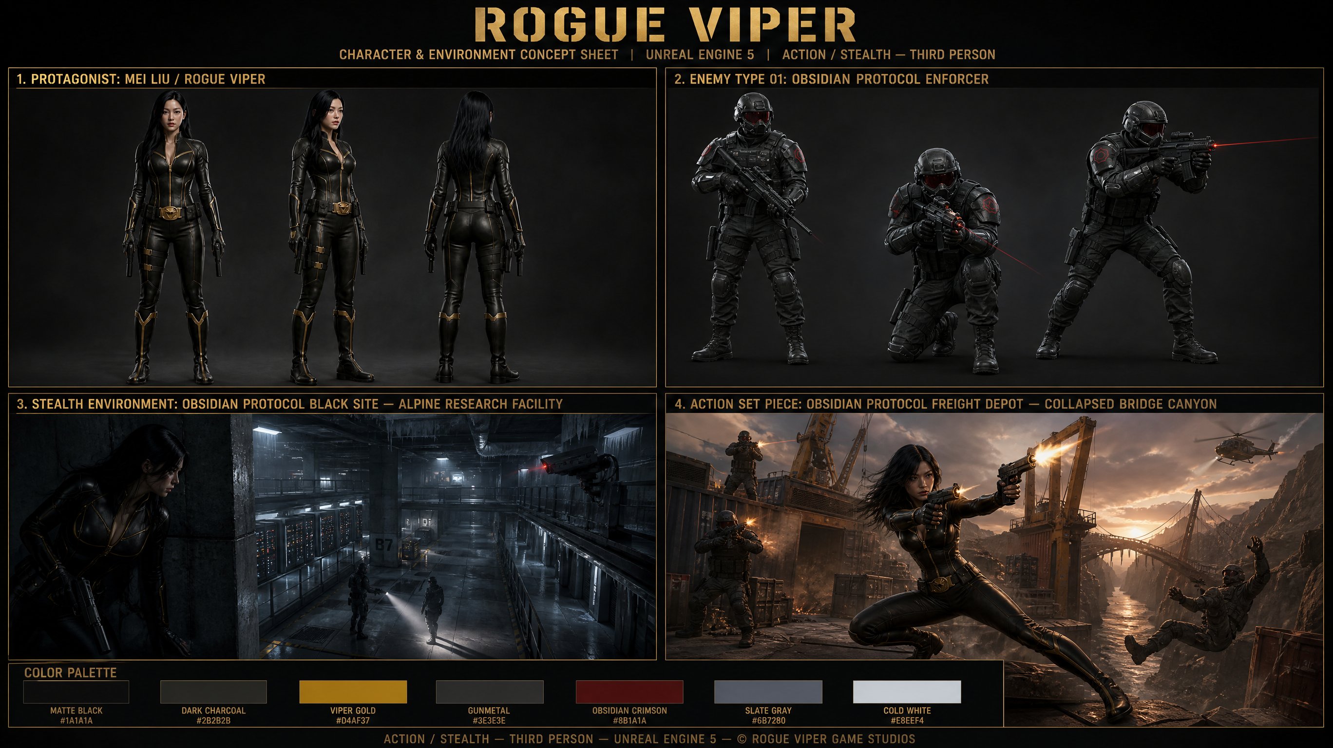 Rogue Viper game concept sheet with character turnaround panels, enemy enforcers, a stealth facility, and an action scene.
