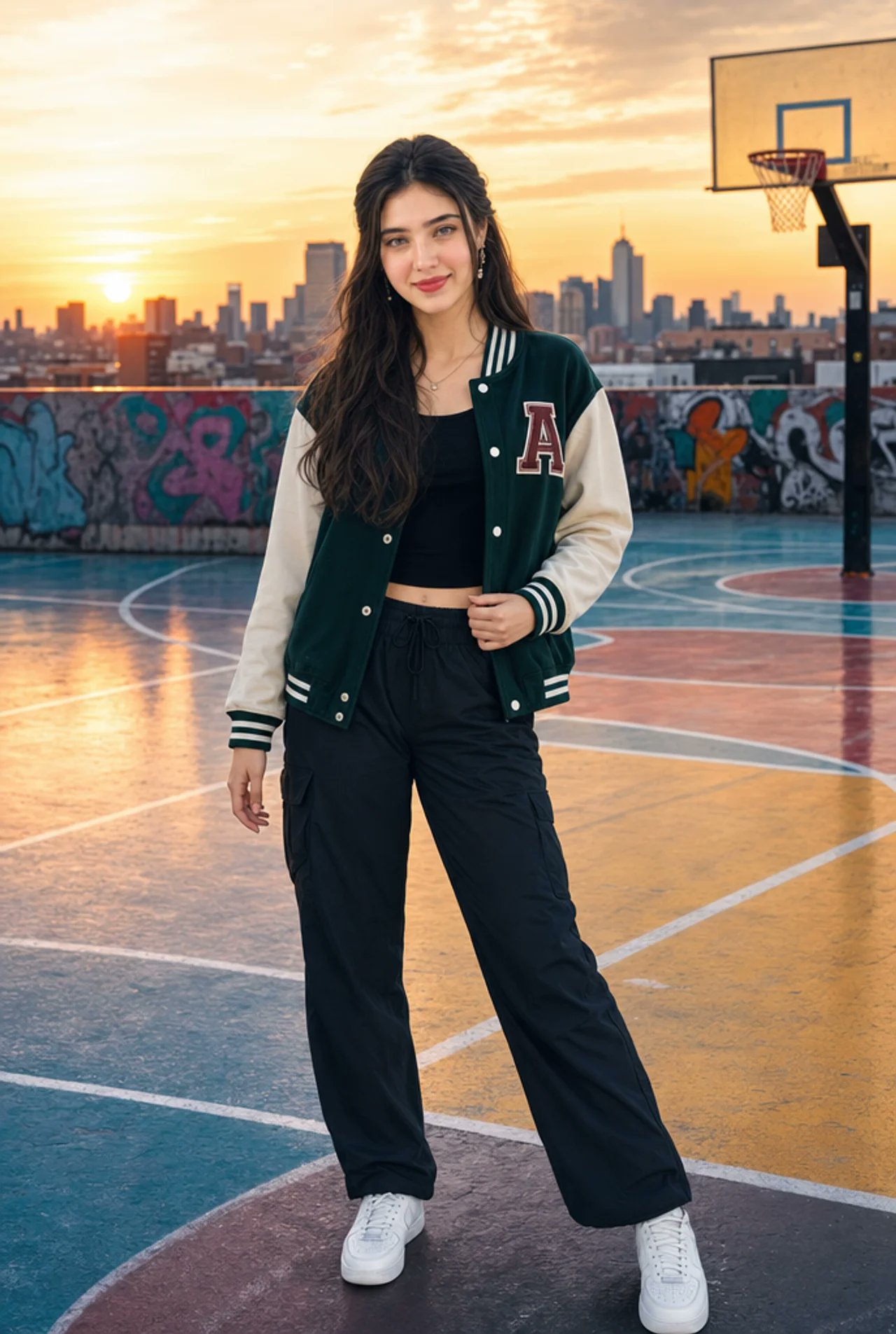 Stylish rooftop basketball court sunset portrait with a relaxed fashion pose, colorful court surface, and warm skyline light.