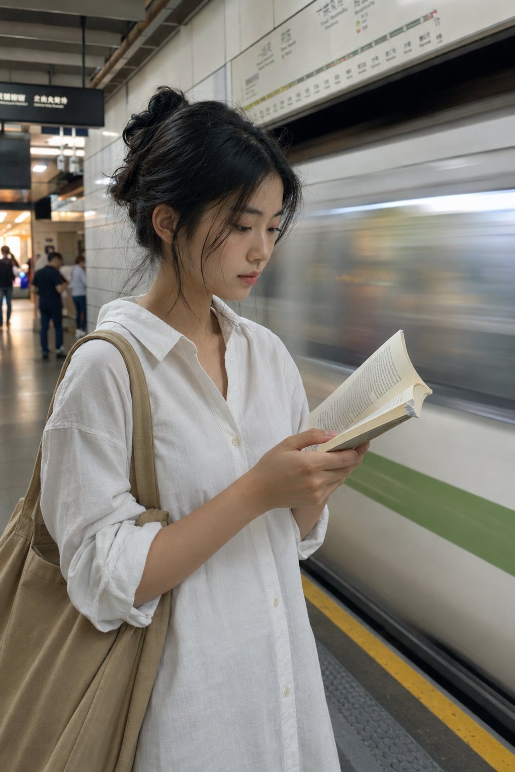 Candid Shanghai metro platform photo with a young woman reading during the morning commute and a blurred train behind her.