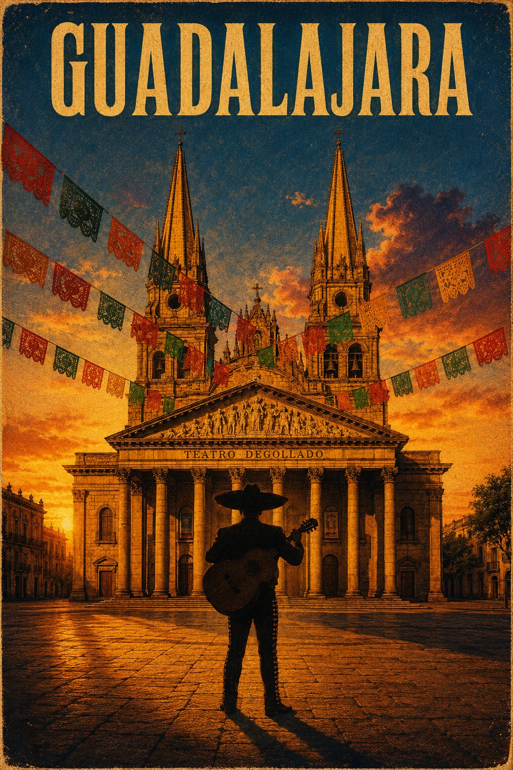 AI生成例：Vertical vintage movie travel poster for Guadalajara, Mexico with warm film grain, cinematic lighting, and aged poster texture.