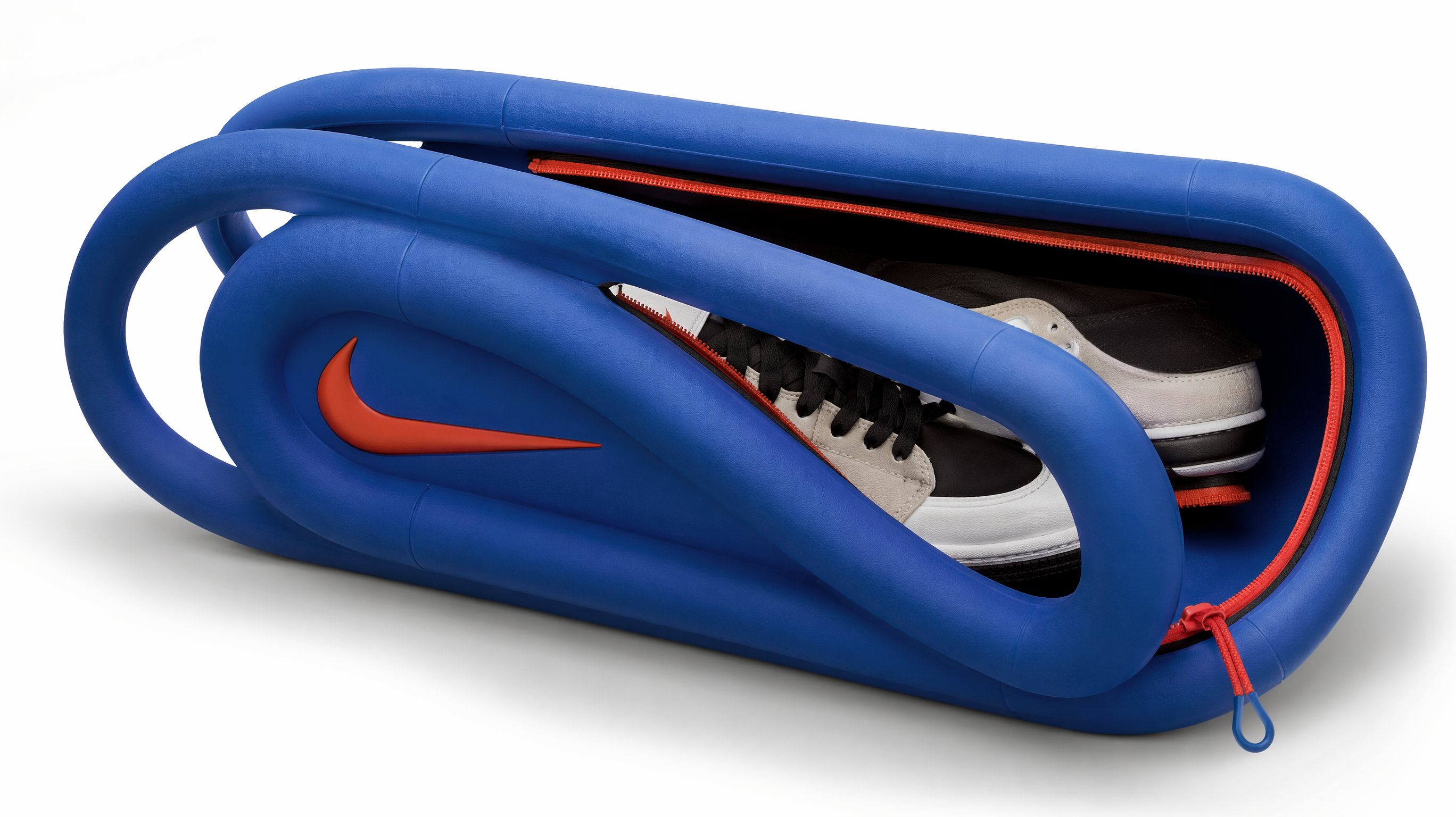 AI生成例：Brand object formed from thick bent industrial rubber tubing with matte elastomer texture and realistic material compression.