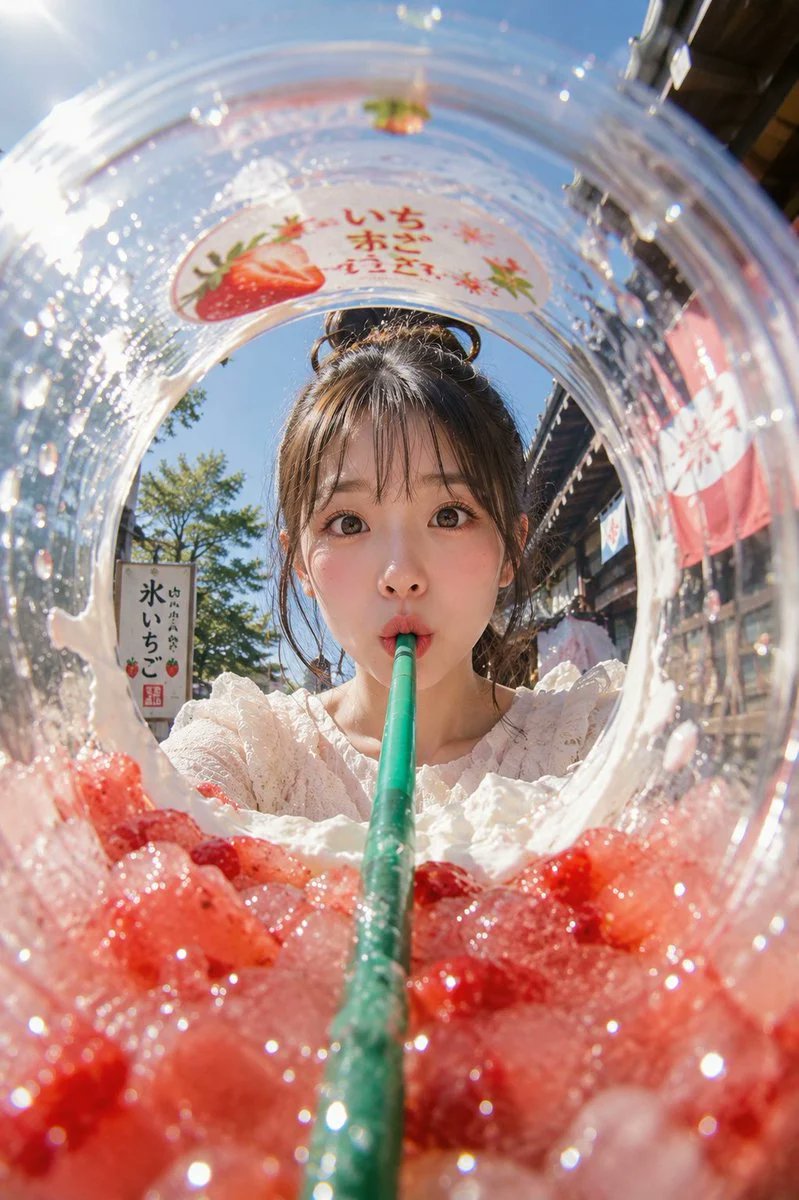AI生成例：Fisheye beverage ad seen from inside a clear cup with strawberry ice, green straw, and a young woman drinking above it.