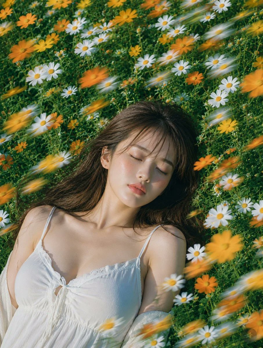 AI生成例：Dreamy realistic portrait of a woman lying in a summer flower field with daisies, warm sunlight, and wind motion blur.