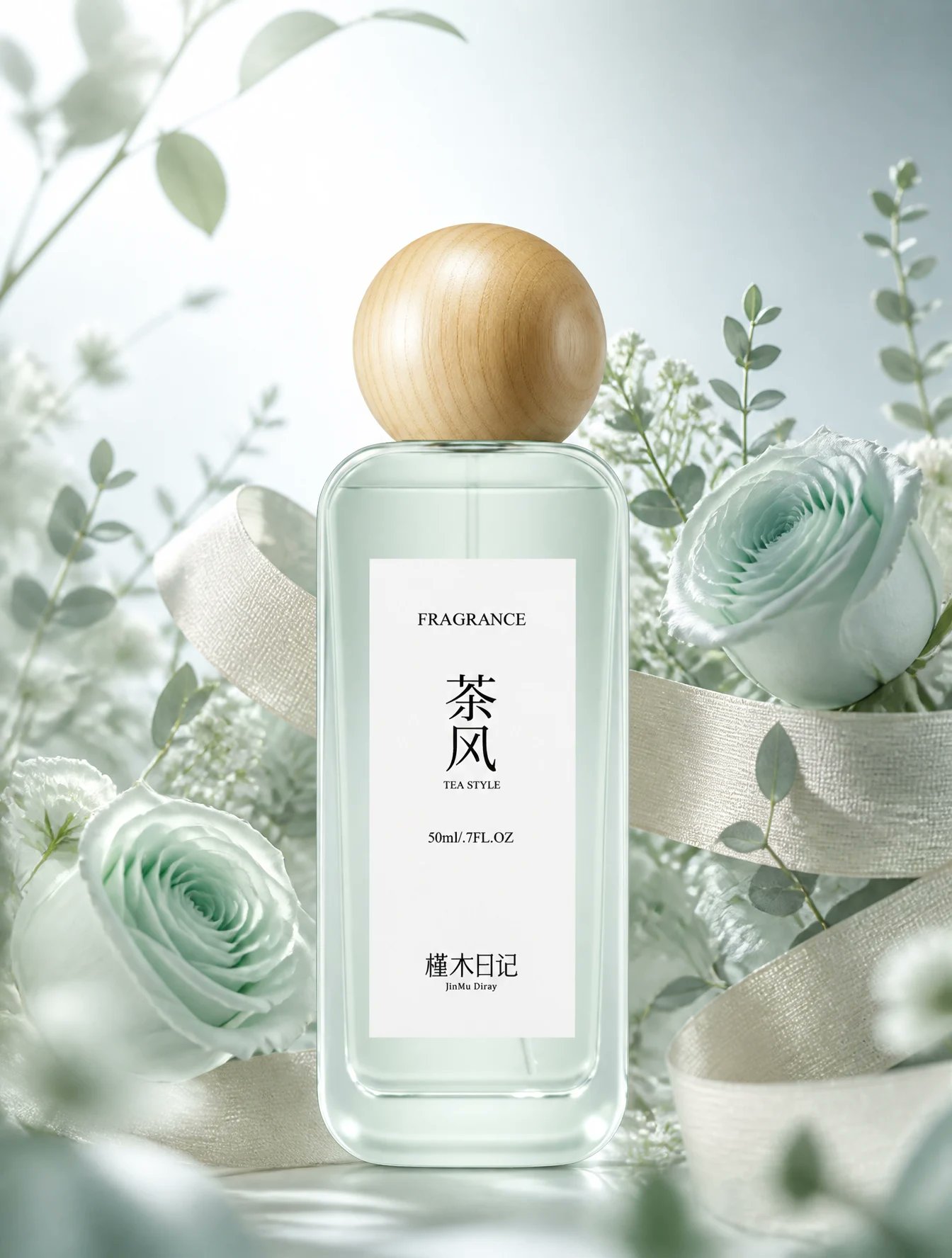 AI生成例：Mint green perfume bottle with wooden cap, beige ribbon, pale roses, soft backlight, and premium e-commerce composition.