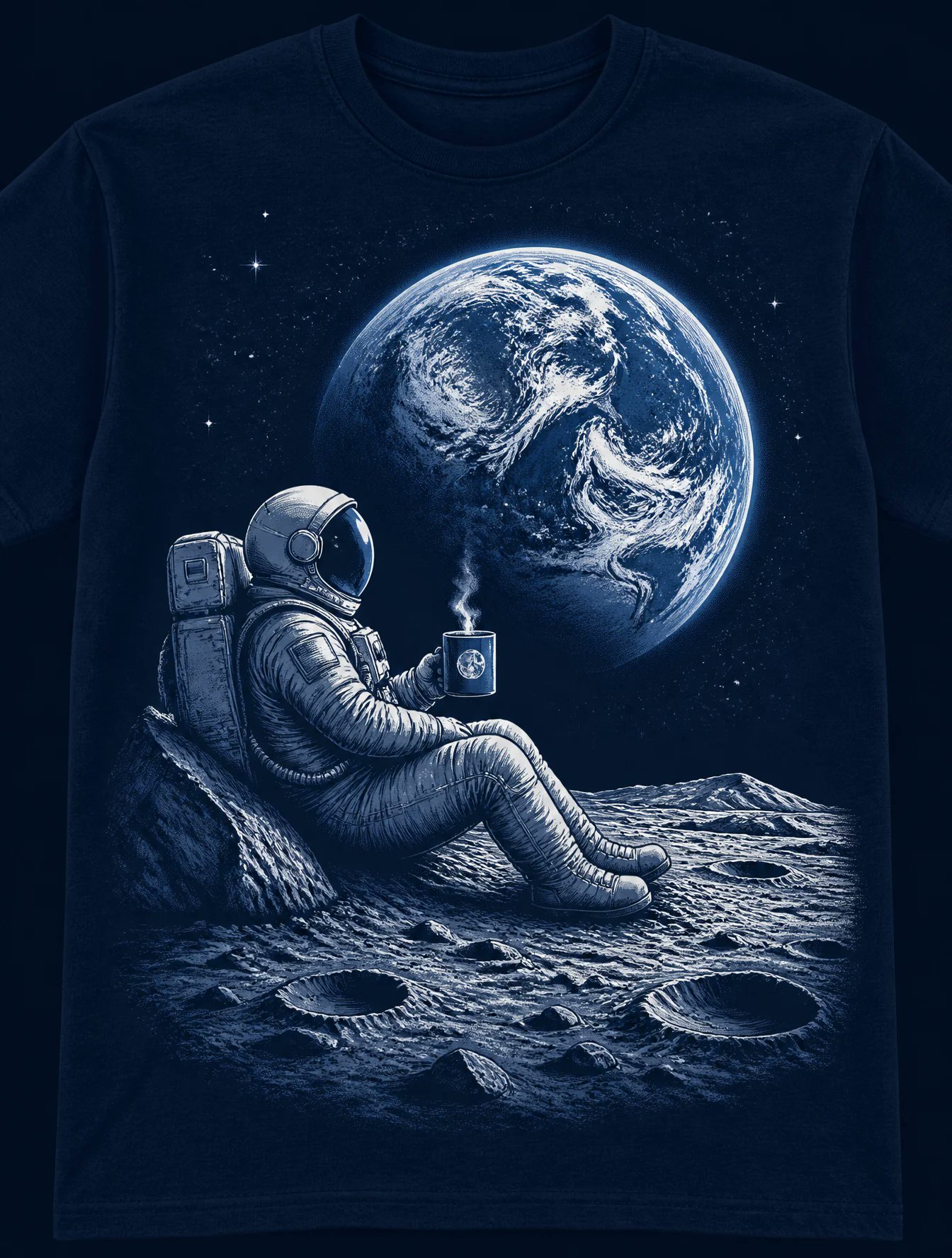 AI生成例：Dark navy t-shirt graphic of an astronaut seated on the moon holding a mug with Earth glowing in the background.