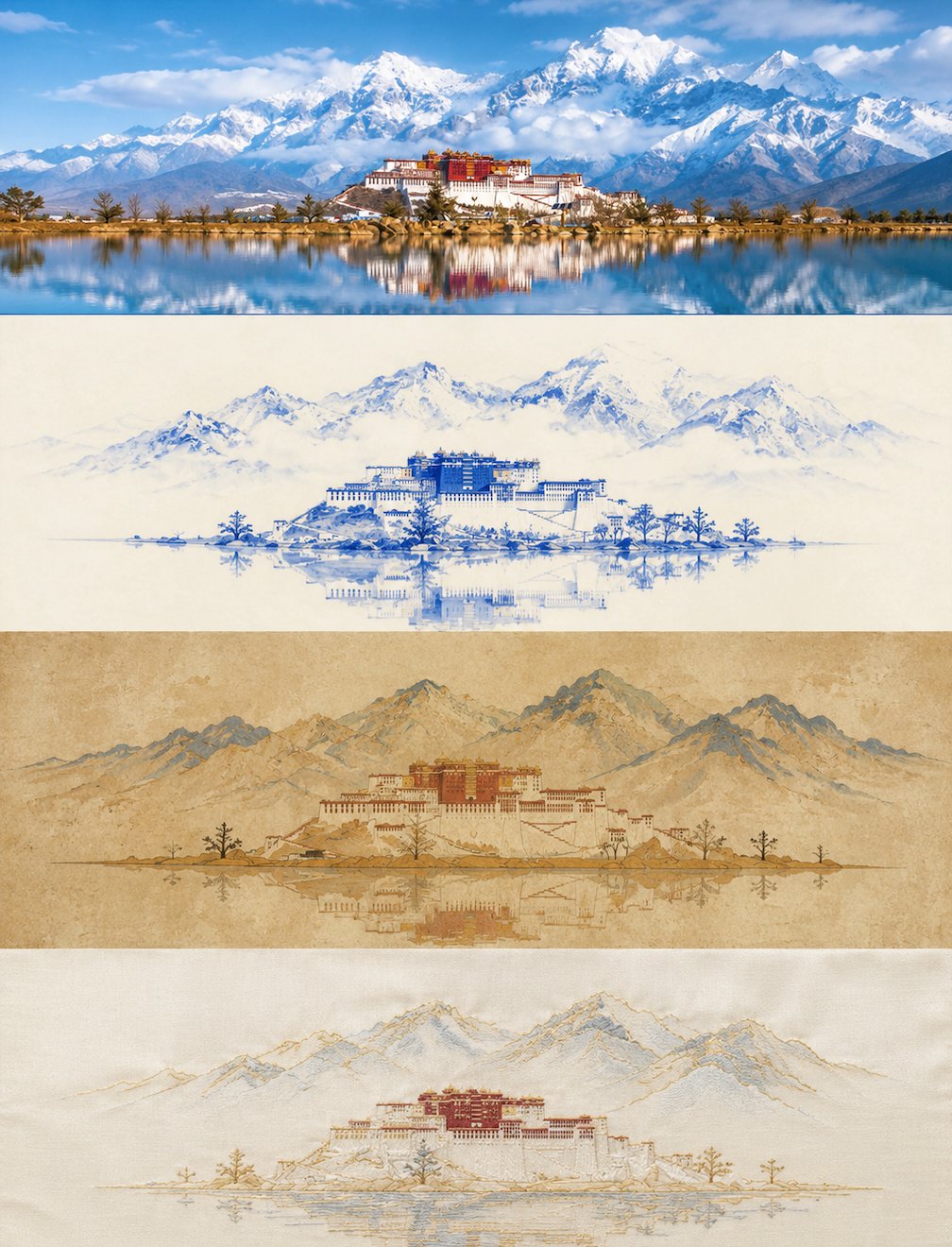 AI生成例：Vertical four-panel poster showing one photo transformed through blue-white porcelain, Dunhuang mural, and embroidery visual styles.