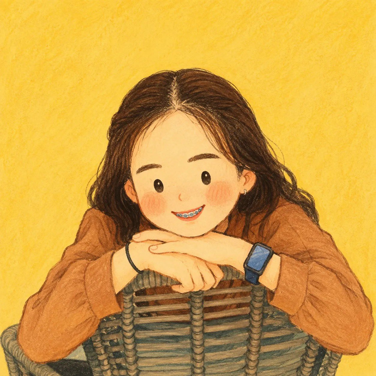 AI生成例：Hand-drawn storybook avatar preserving the original face, hairstyle, clothing, and accessories from a reference portrait.