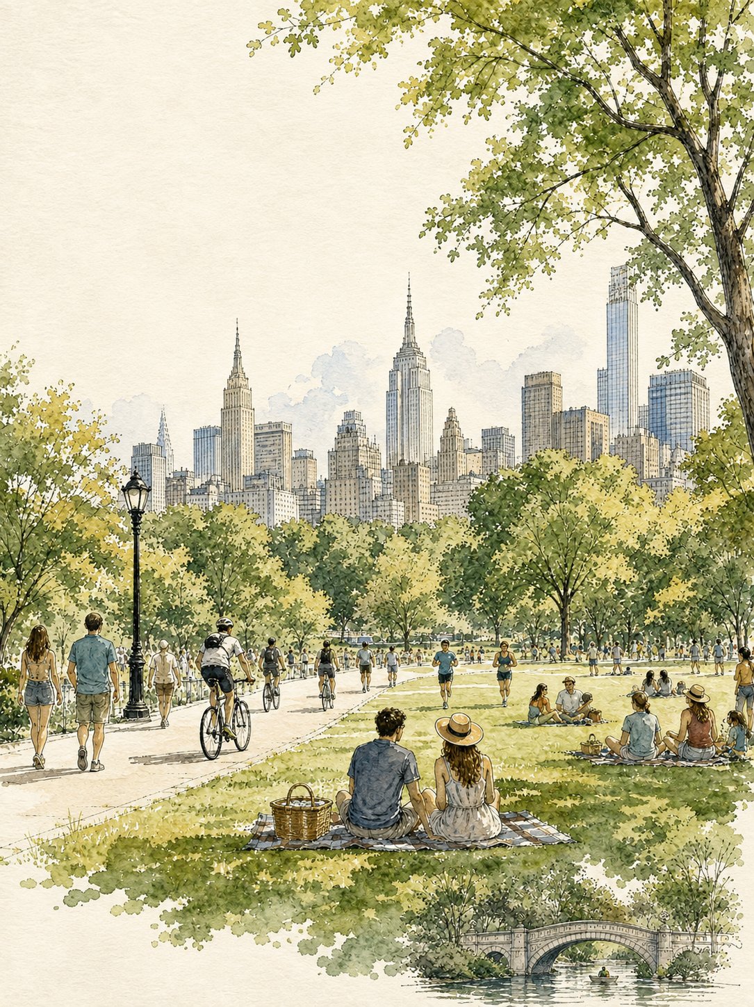 AI生成例：Watercolor travel illustration of a sunny Manhattan-style park with lawn, visitors, skyline, and vintage poster texture.