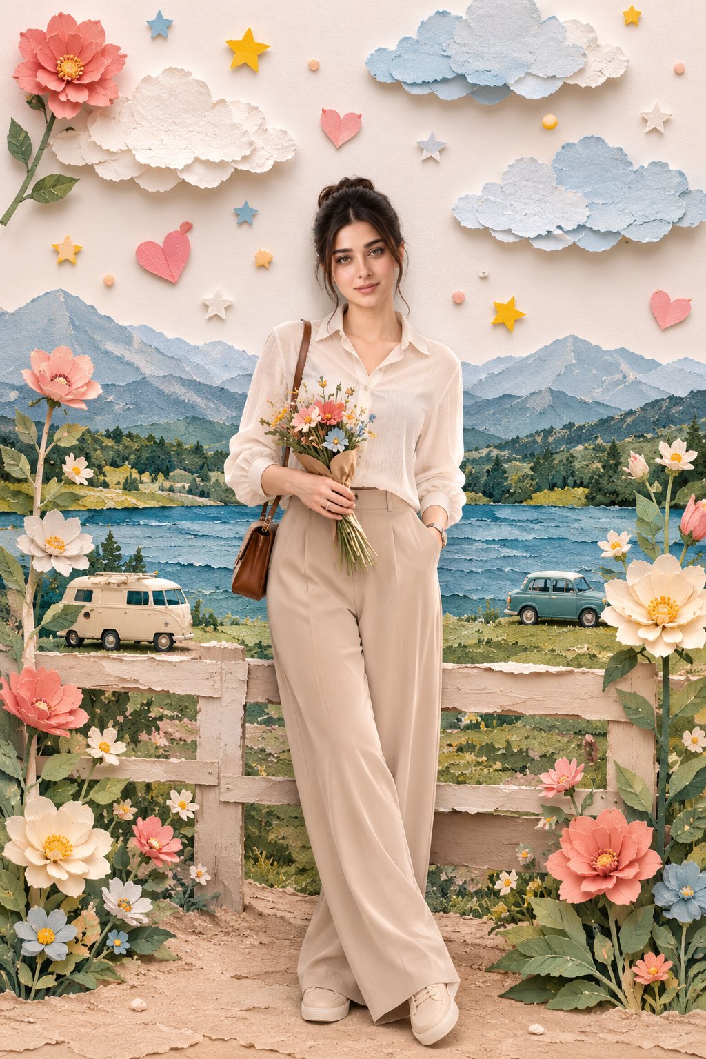 AI生成例：Handcrafted paper-collage countryside portrait of a girl standing in a whimsical rural diorama scene.