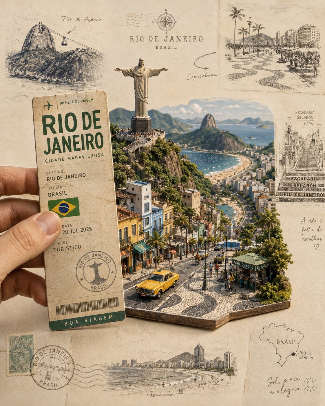 Rio 旅行チケットポスター。紙切りの風景、熱帯色、土産物の細部、立体的なレイアウト。