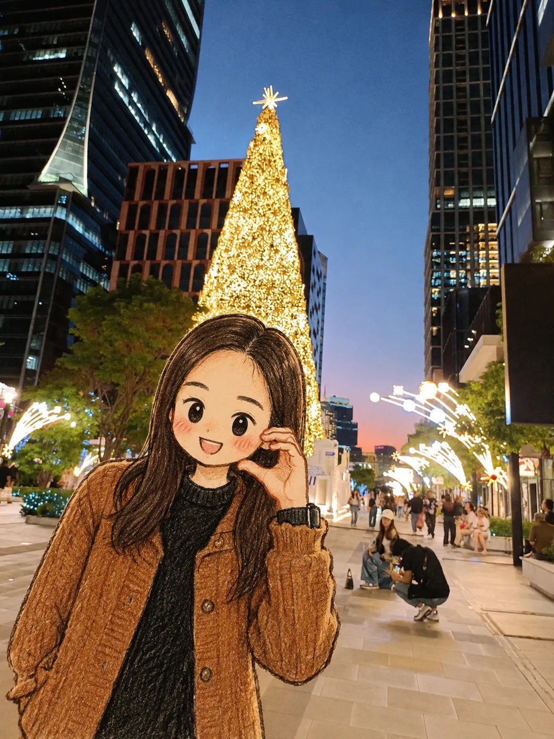 実写クリスマス街の中の Chibi 風人物。祝祭の灯りと自然な背景の奥行きがある。