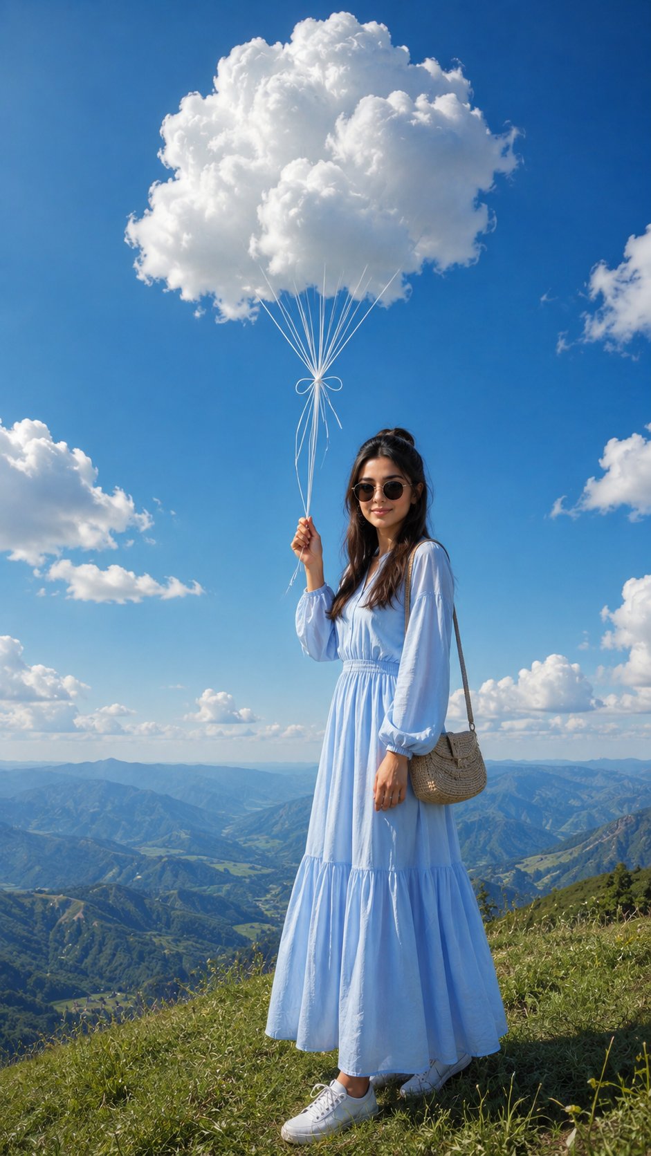 山稜で撮られた旅行ポートレート。浮かぶ雲バルーン、柔らかな光、ファッション編集のムード。