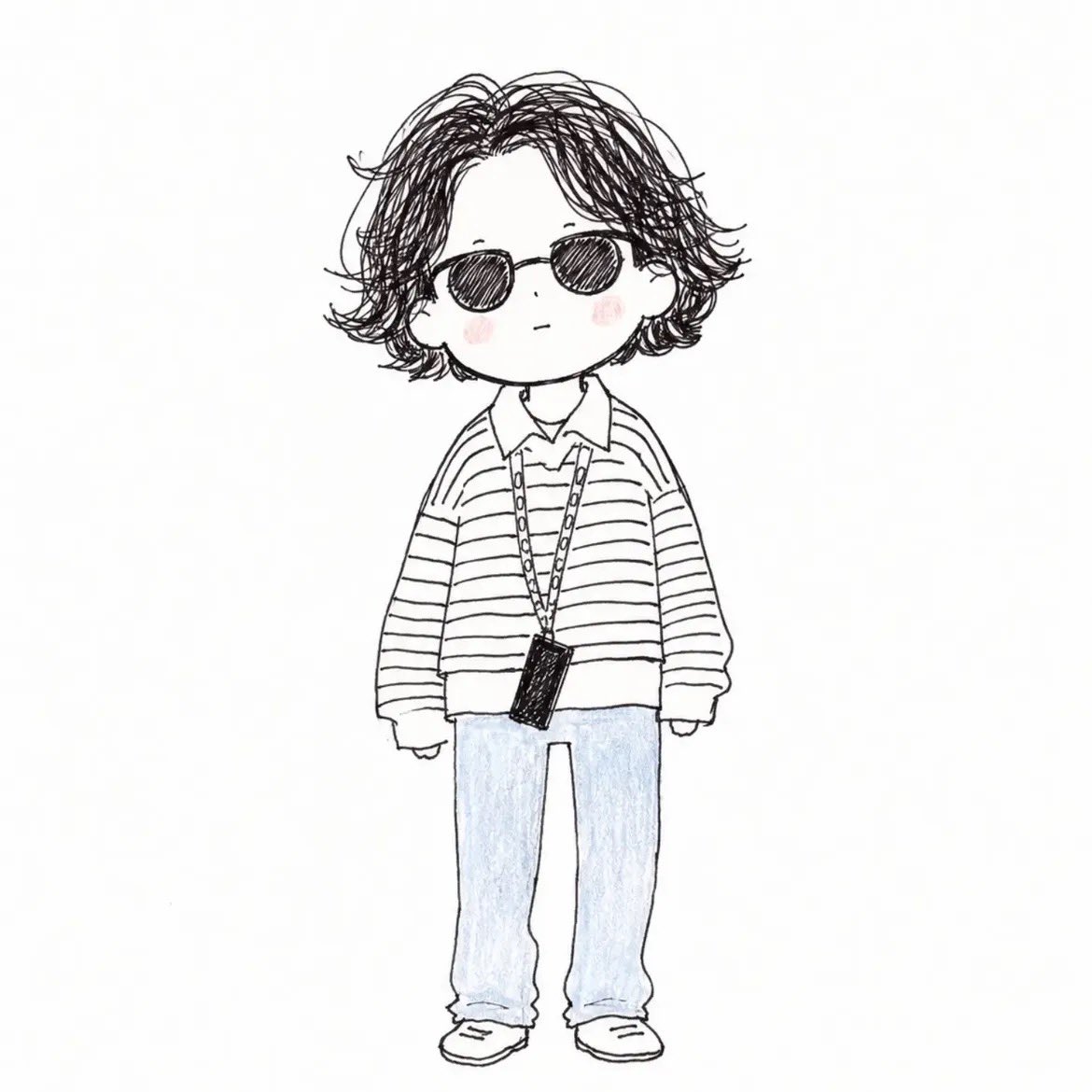 表情豊かなドゥードゥル線とクリーンな編集構図の手描きファッションキャラクター。